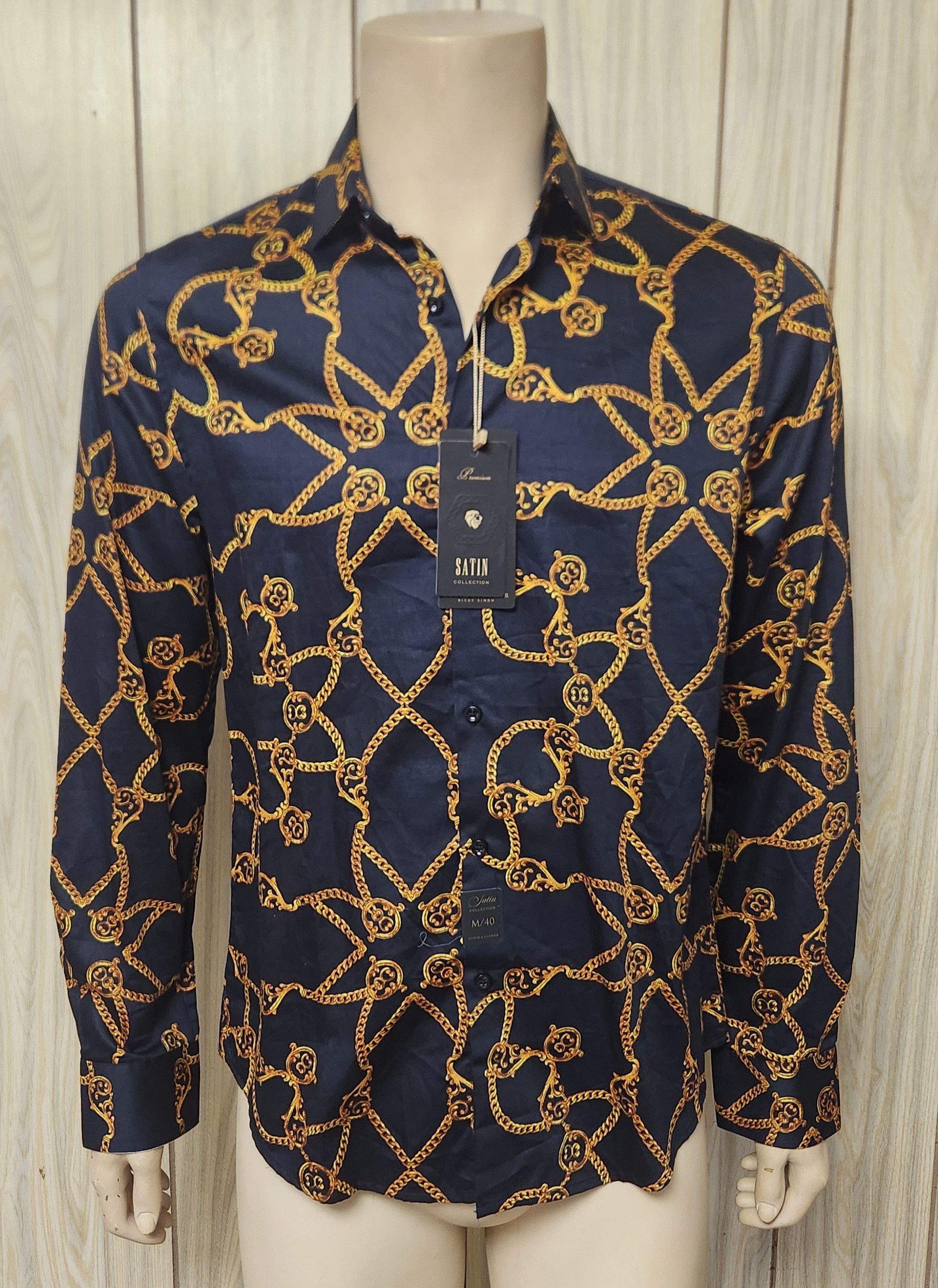 Denim & Flower men's NWT shirt S M black gold cotton long sleeve Size US M / EU 48-50 / 2 - 1 Thumbnail