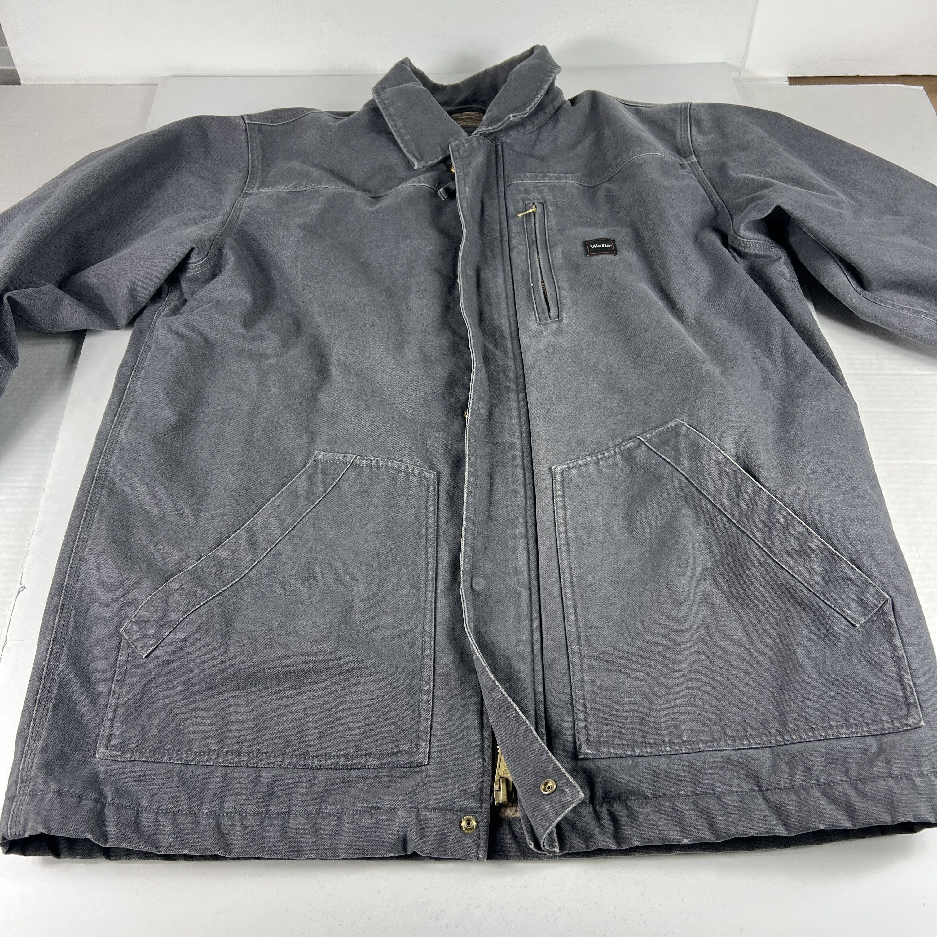 Walls Canvas Chore Jacket Grey Faded Sherpa Lined Full Zip