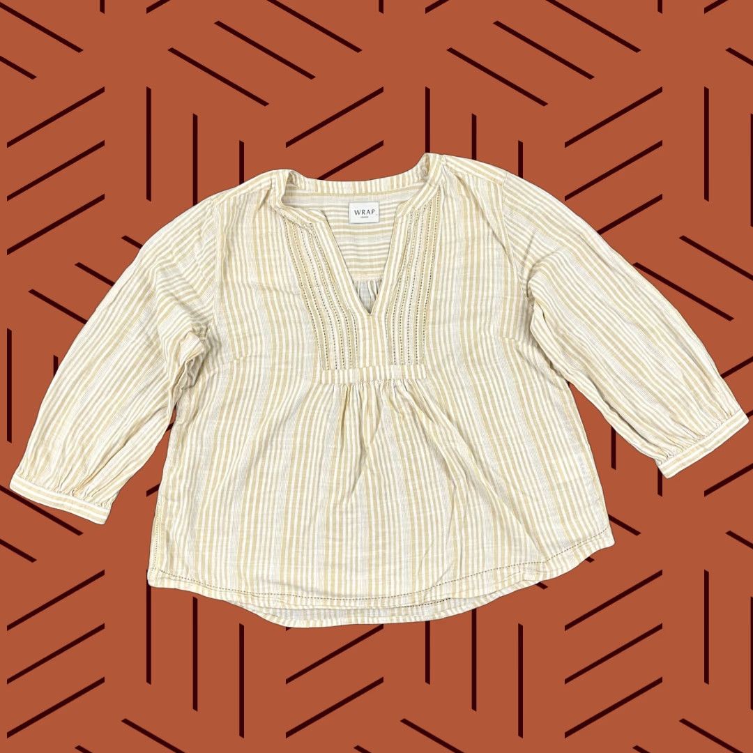 Vintage Wrap London Blouse Top Womens UK 14 / US 10 Yellow White Striped Beachy Minimal 3/4 Sleeve Casual Shirt Womens Regular Size Yellow Size L / US 10 / IT 46 - 1 Thumbnail