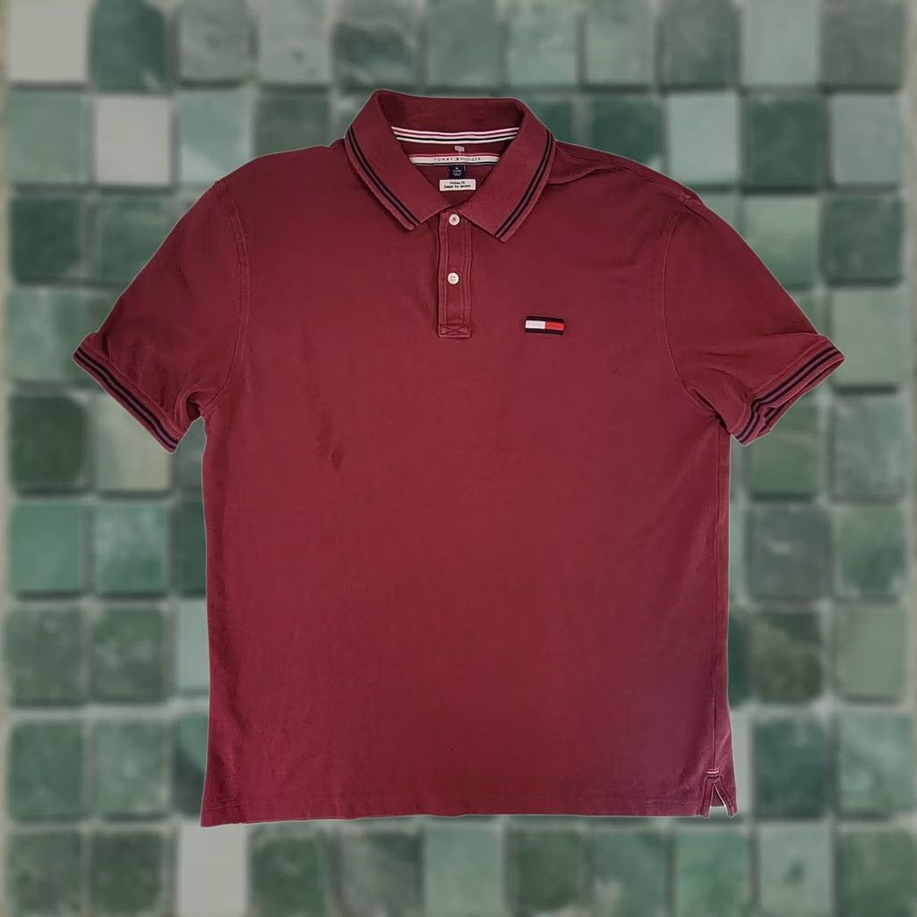 Tommy Hilfiger Polo Shirt Men's 1XL Burgundy Short Sleeve Logo Preppy Classic in Red, Men's