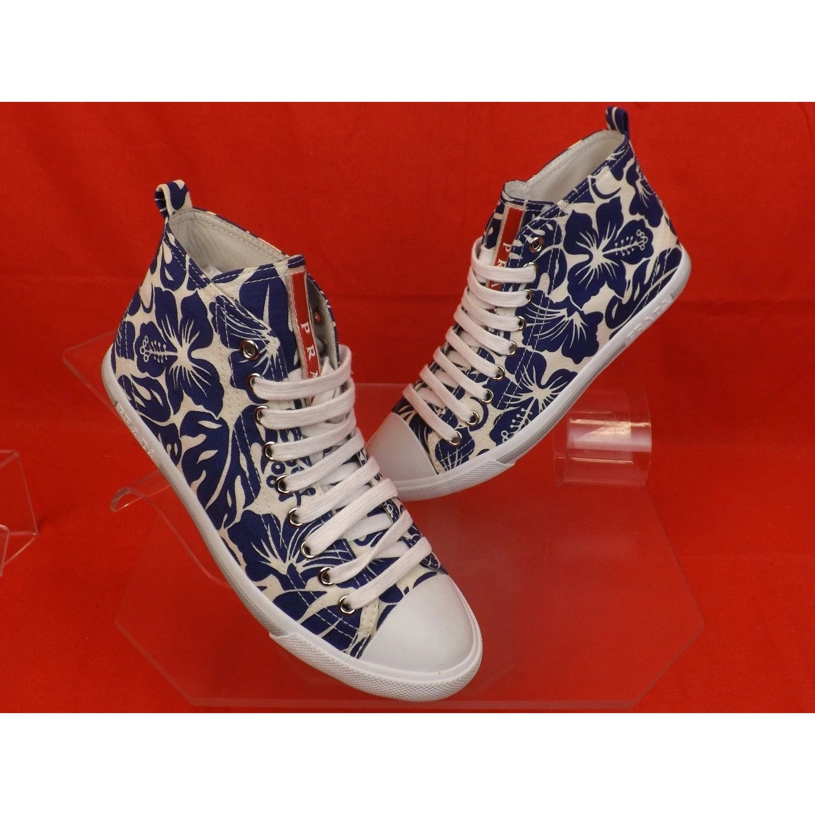 Prada PRADA 3T573 BLUE FLORAL DENIM LEATHER HIGH TOP SNEAKERS 35.5 Size US 5.5 / IT 35.5 - 8 Thumbnail