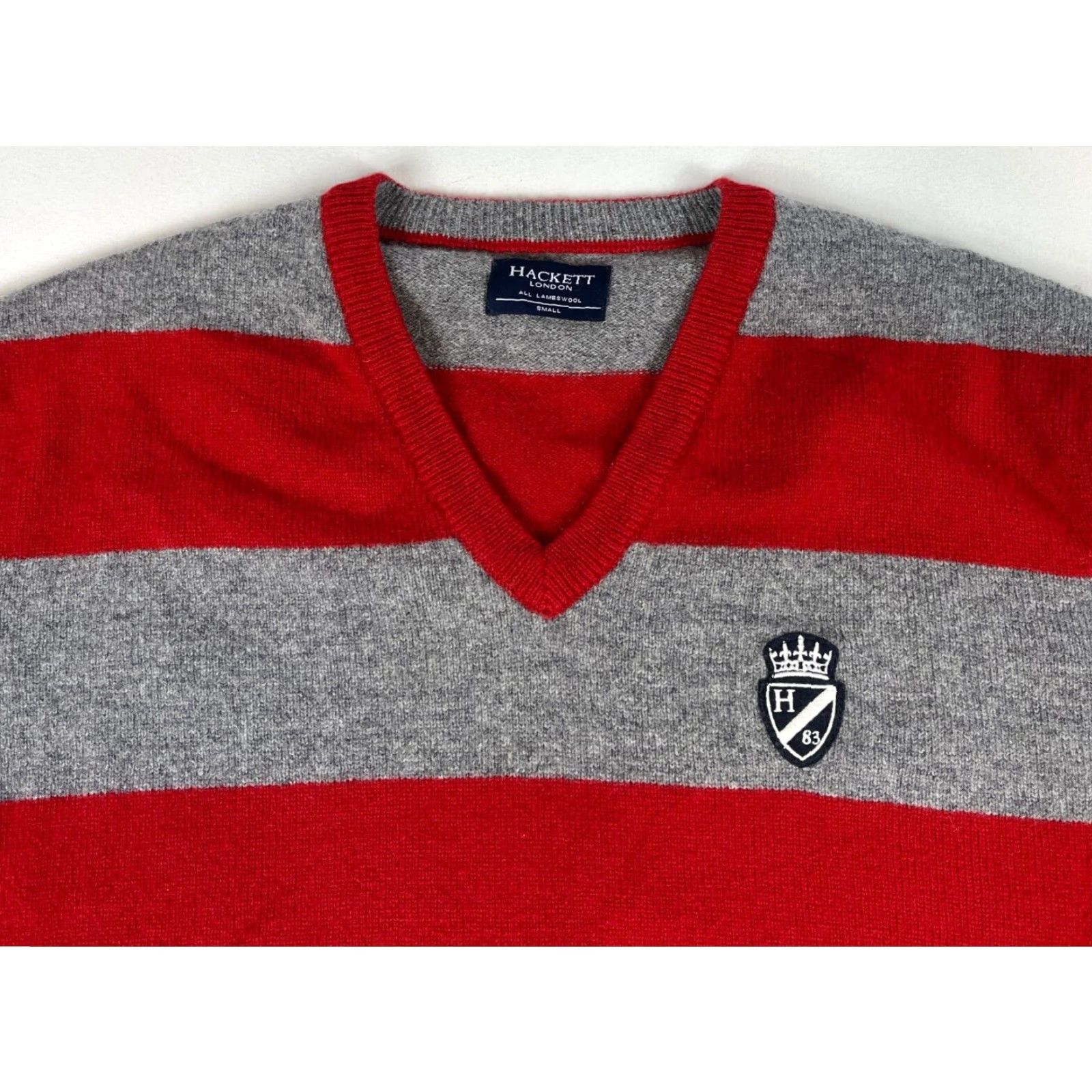 Hackett Hackett London Men's Pullover V-Neck Sweater Sz S Striped 100% Lambswool Gray Red Knit Wool Shirt Sweater Mens Size US S / EU 44-46 / 1 - 3 Thumbnail