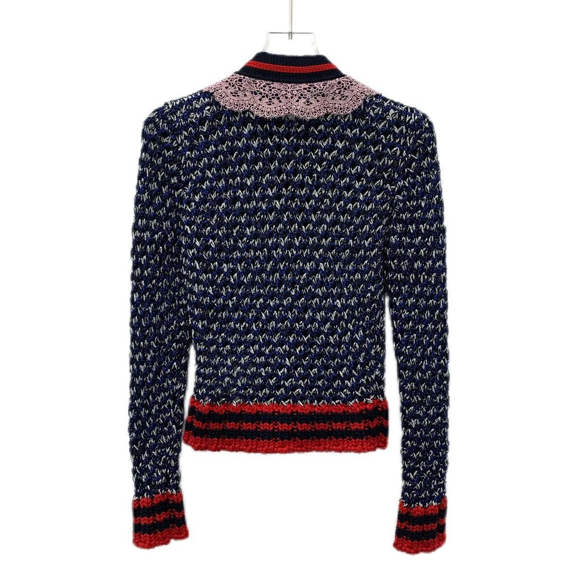 Gucci Navy Blue Striped Lace Pearl Button Knit Cardigan