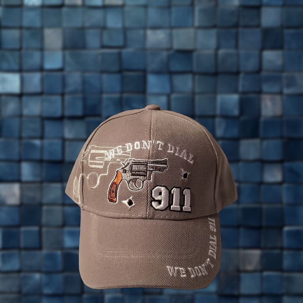 Vintage CALI Men Baseball Cap Adjustable Gray Pistol We Don’t Dial 911 Bullet Hole Theme Size ONE SIZE - 1 Thumbnail