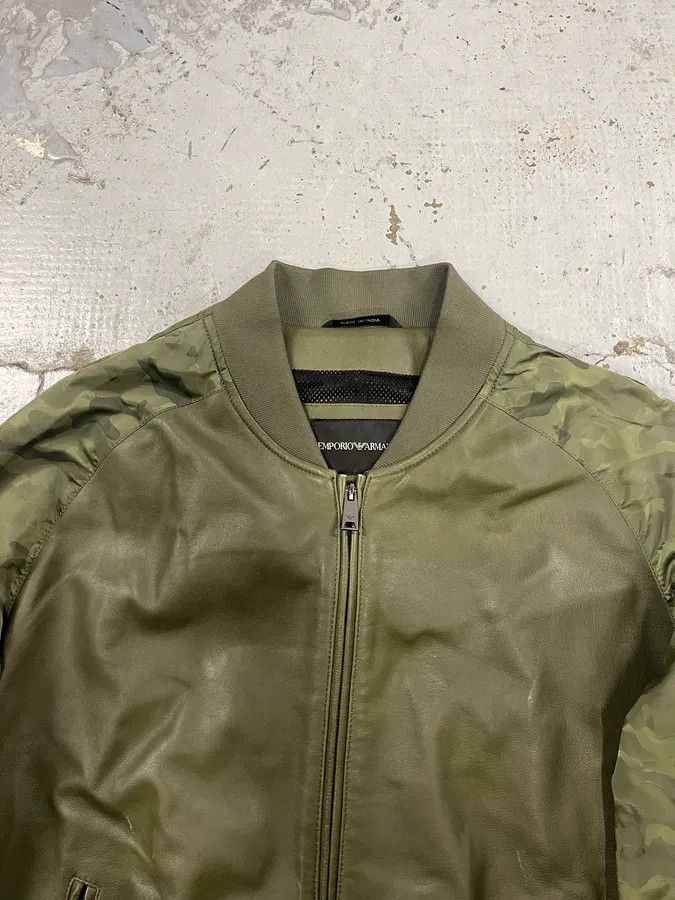 Emporio Armani SS2017 Emporio Armani Camo Sleeves Green Leather Bomber Jacket Size US M / EU 48-50 / 2 - 4 Thumbnail