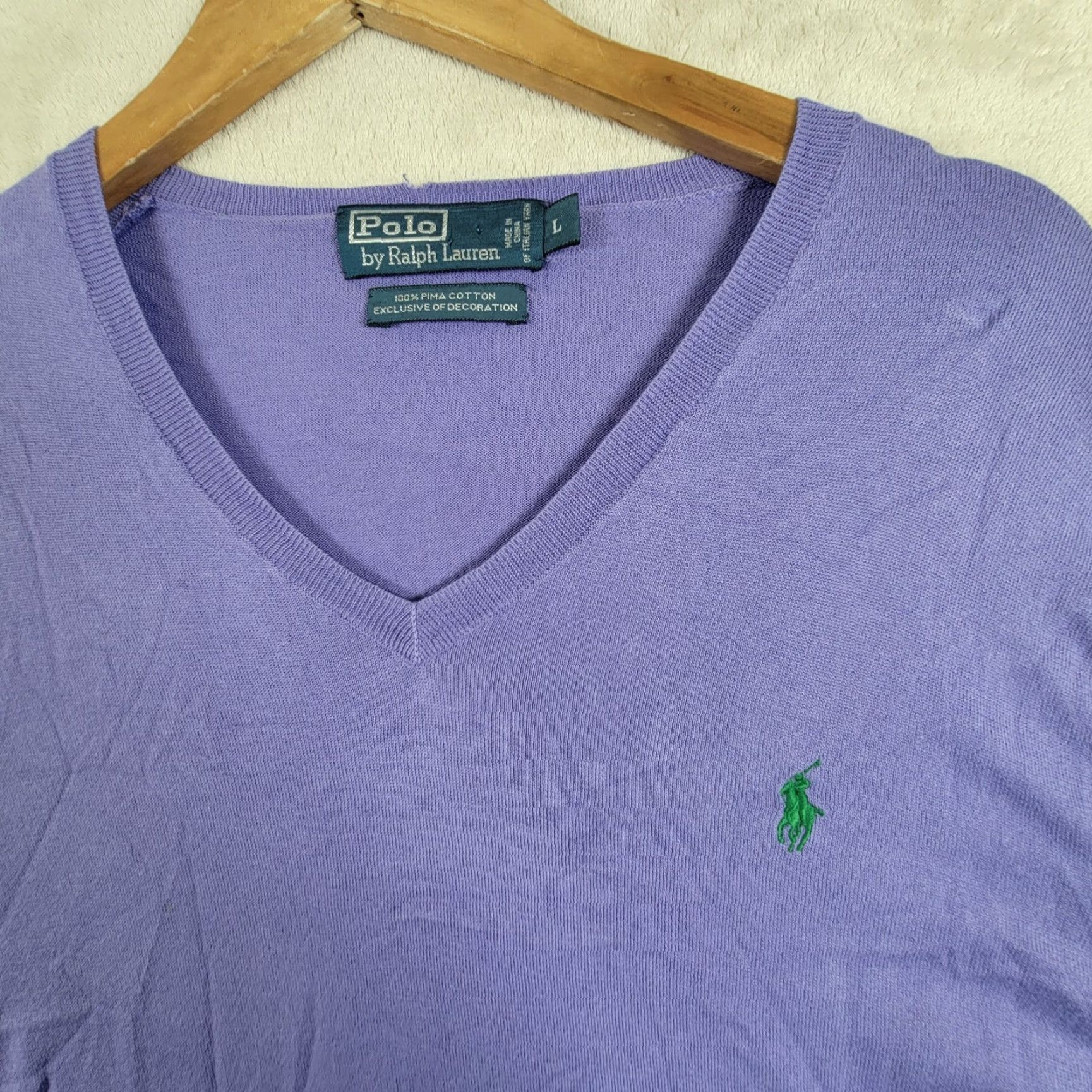 Ralph Lauren V-Neck Polo Ralph Lauren Mens Sweater L Purple Green Logo 100% Pima Cotton, Pullover, Regular Fit, Long Sleeve, Machine Washable Size US L / EU 52-54 / 3 - 3 Thumbnail