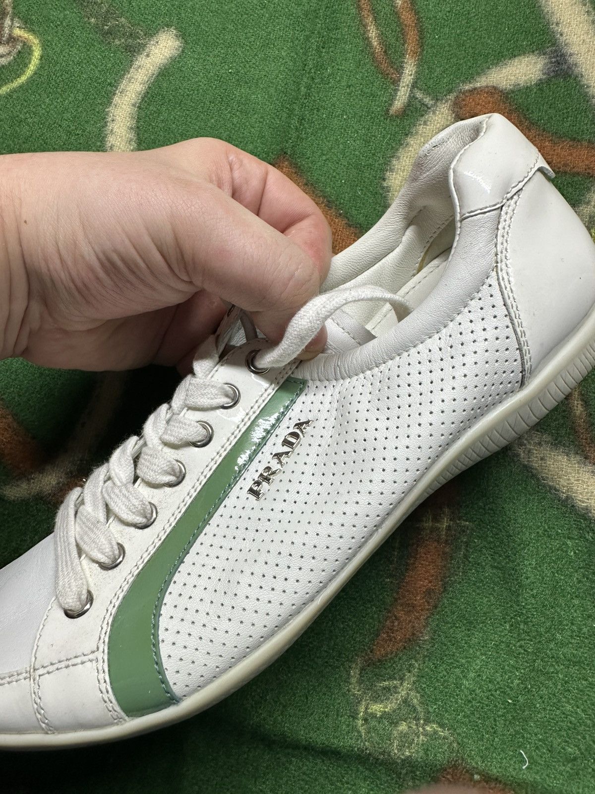 Prada Prada Milano White Green Perforated Leather Sneakers 36,5 Size US 6.5 / IT 36.5 - 9 Thumbnail