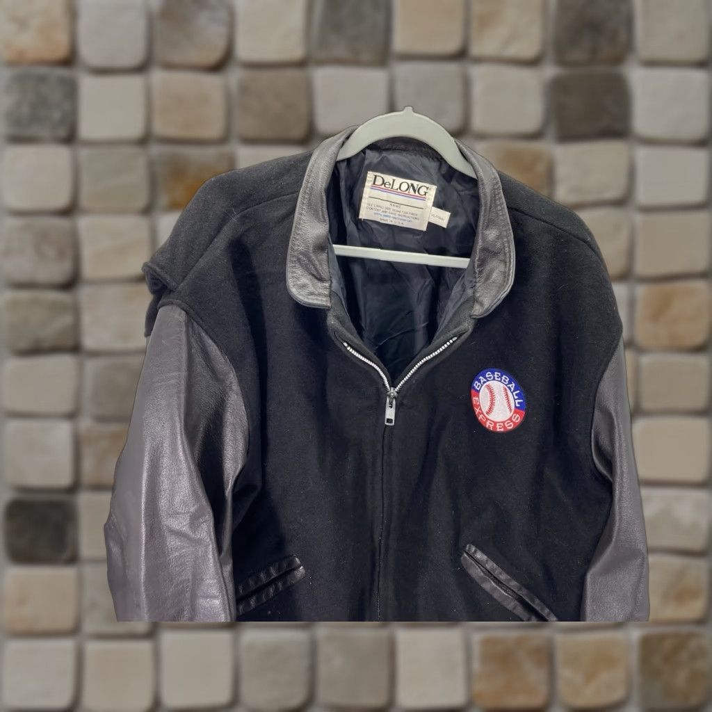 VINTAGE DeLong Baseball Varsity Jacket Men XL Black Wool Leather Full Zip VTG