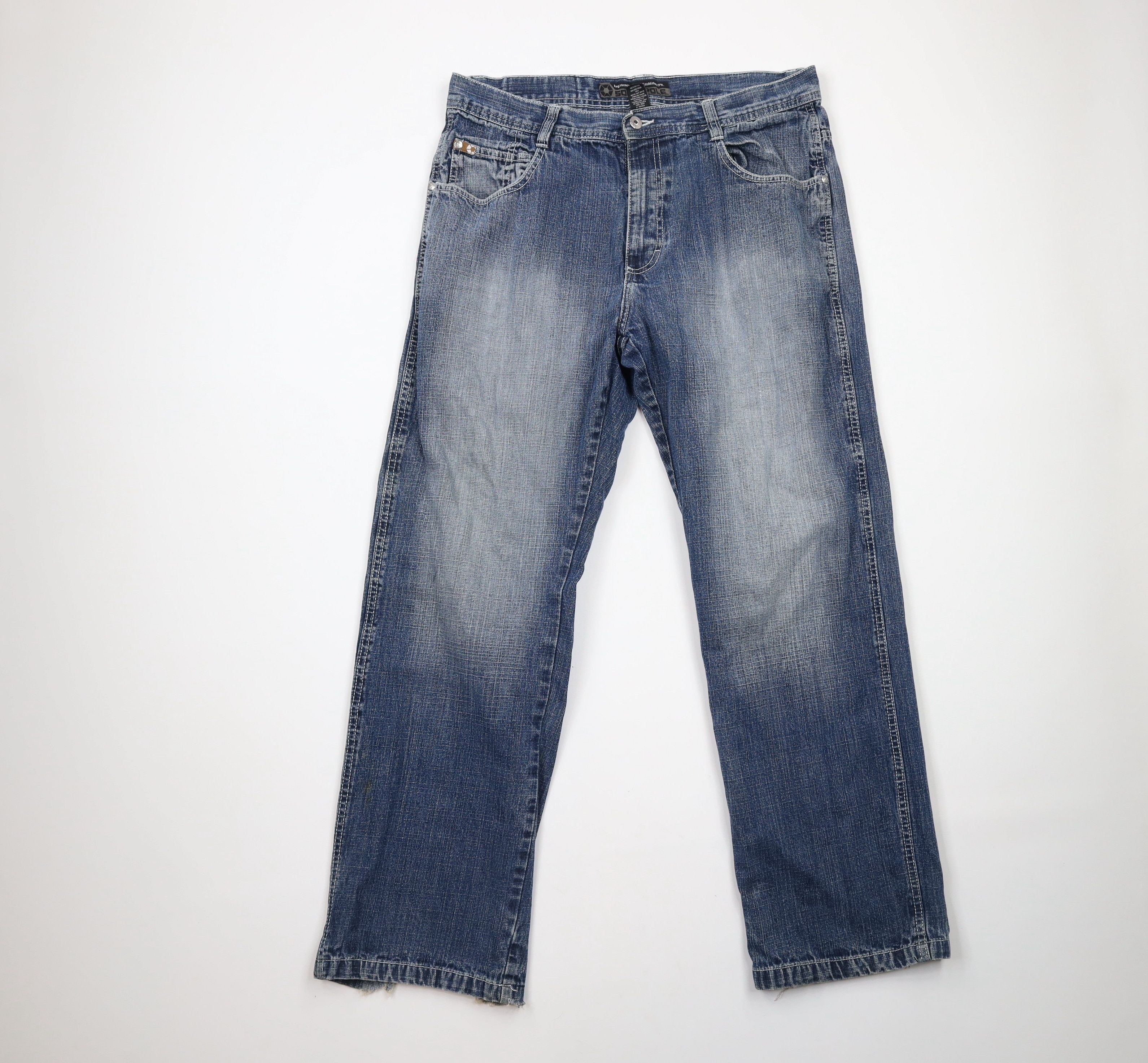 Image of Southpole Spell Out Baggy Wide Leg Denim Jeans in Blue, Men's (Size 35)