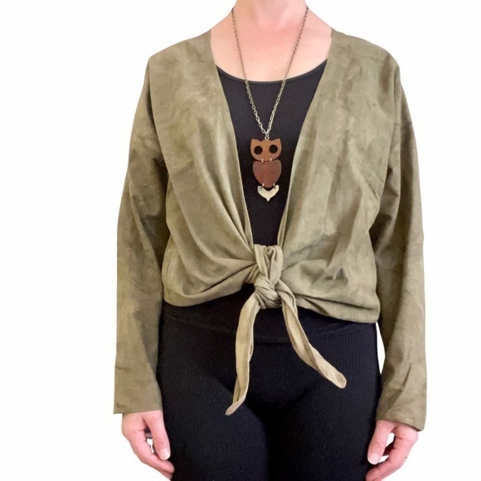 Anne Klein × Vintage 1970s Anne Klein Vintage Olive Green Suede Front Tie Jacket Size ONE SIZE - 10 Thumbnail