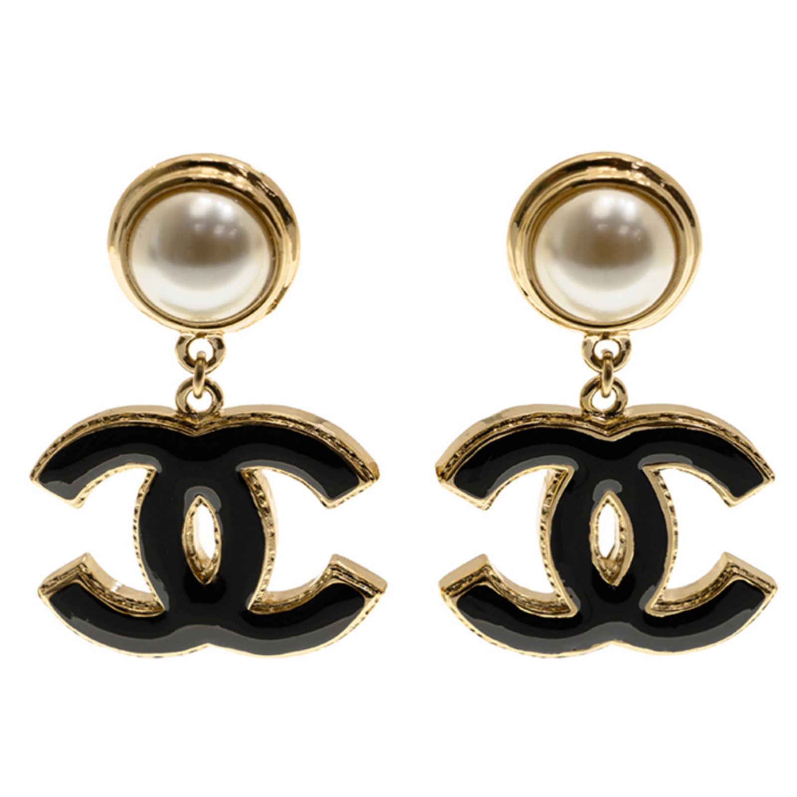 Chanel Chanel Pendant Gold Black Pearly White Stud Drop Earrings Size ONE SIZE - 1 Thumbnail