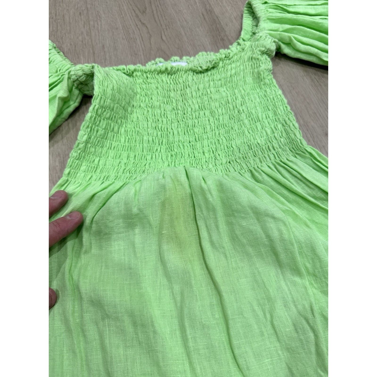 Sleeper Sleeper Dress Womens S Green Linen Smocked Midi Off the Shoulder Sleeper Size S / US 4 / IT 40 - 6 Thumbnail
