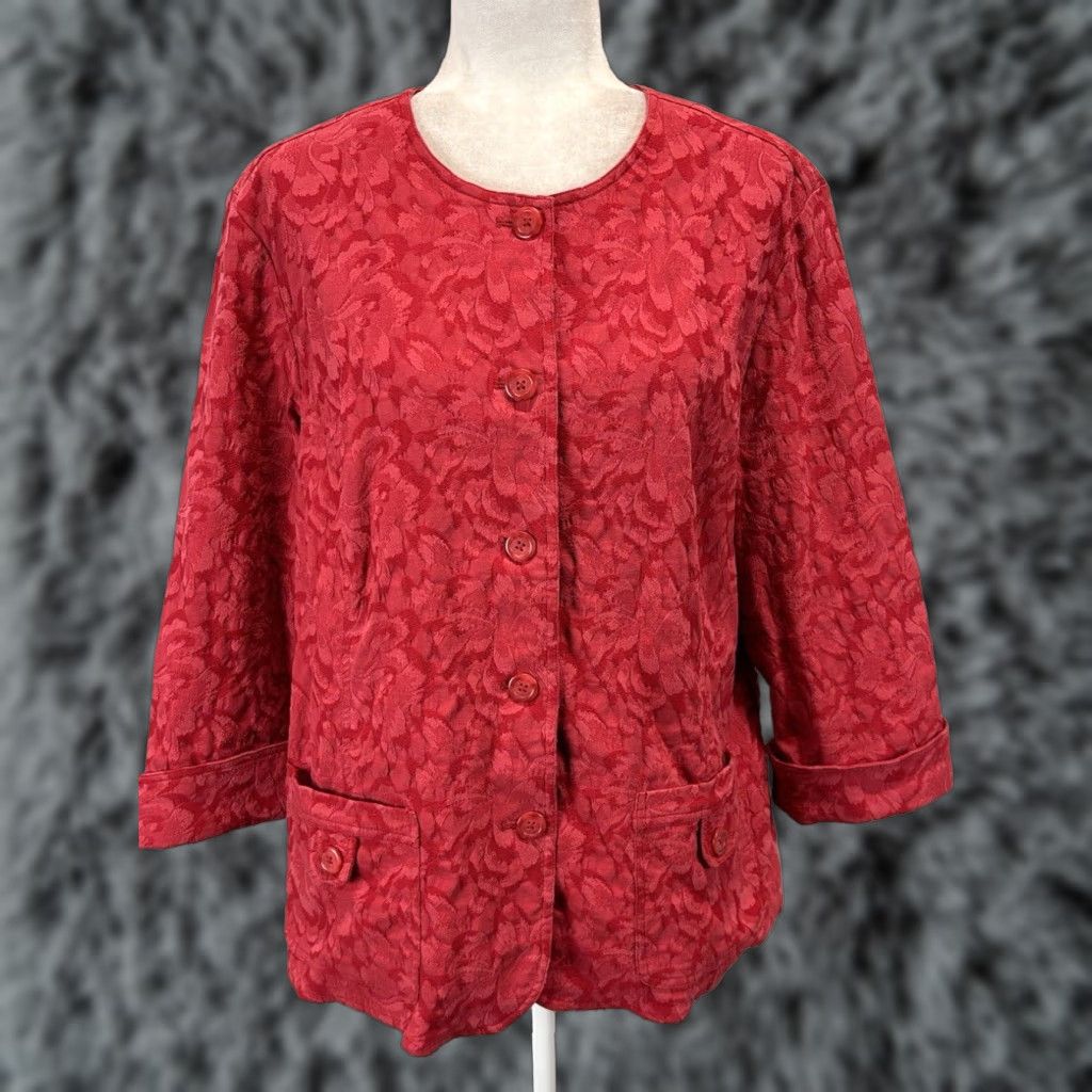 Coldwater Creek Coldwater Creek Floral Embossed Cotton Blend Jacket Womens XL Red Size XL / US 12-14 / IT 48-50 - 1 Thumbnail