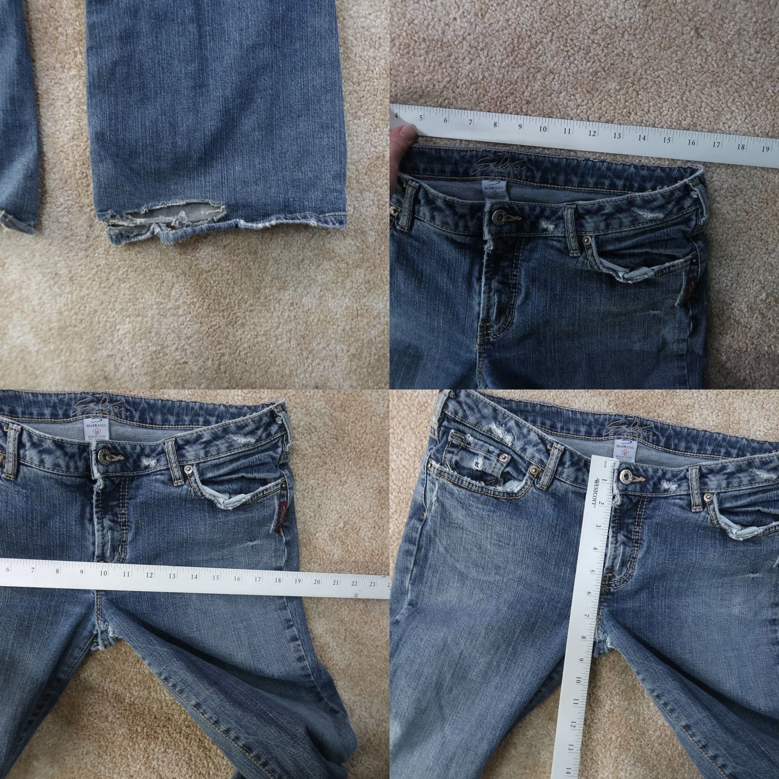 Silver Jeans Co. Silver Jeans Women's 33x35 Flared Jeans Blue Denim Low Rise 5-Pocket Stretch Distressed Slim Classic - Mens? Size 24" / US 00 / IT 34 - 9 Thumbnail