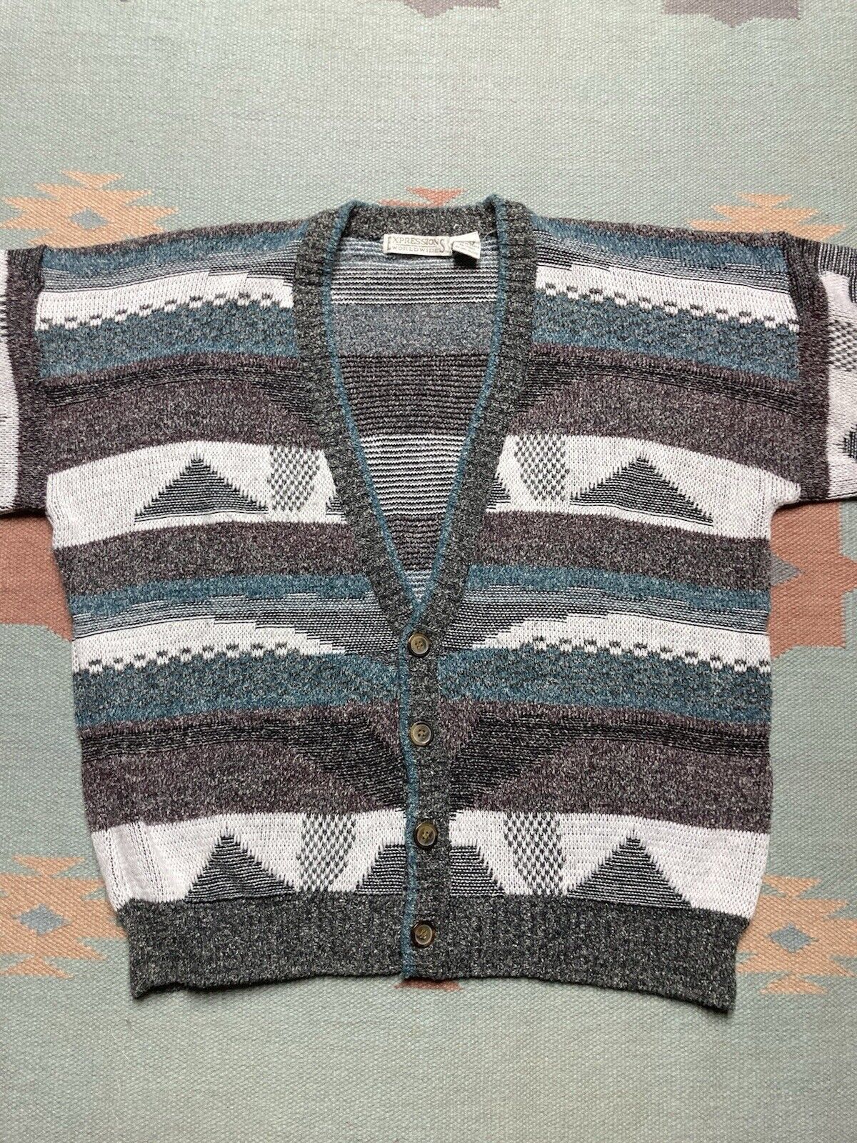 Vintage VTG knit cardigan sweater acrylic blend geometric striped XL Size US XL / EU 56 / 4 - 2 Thumbnail