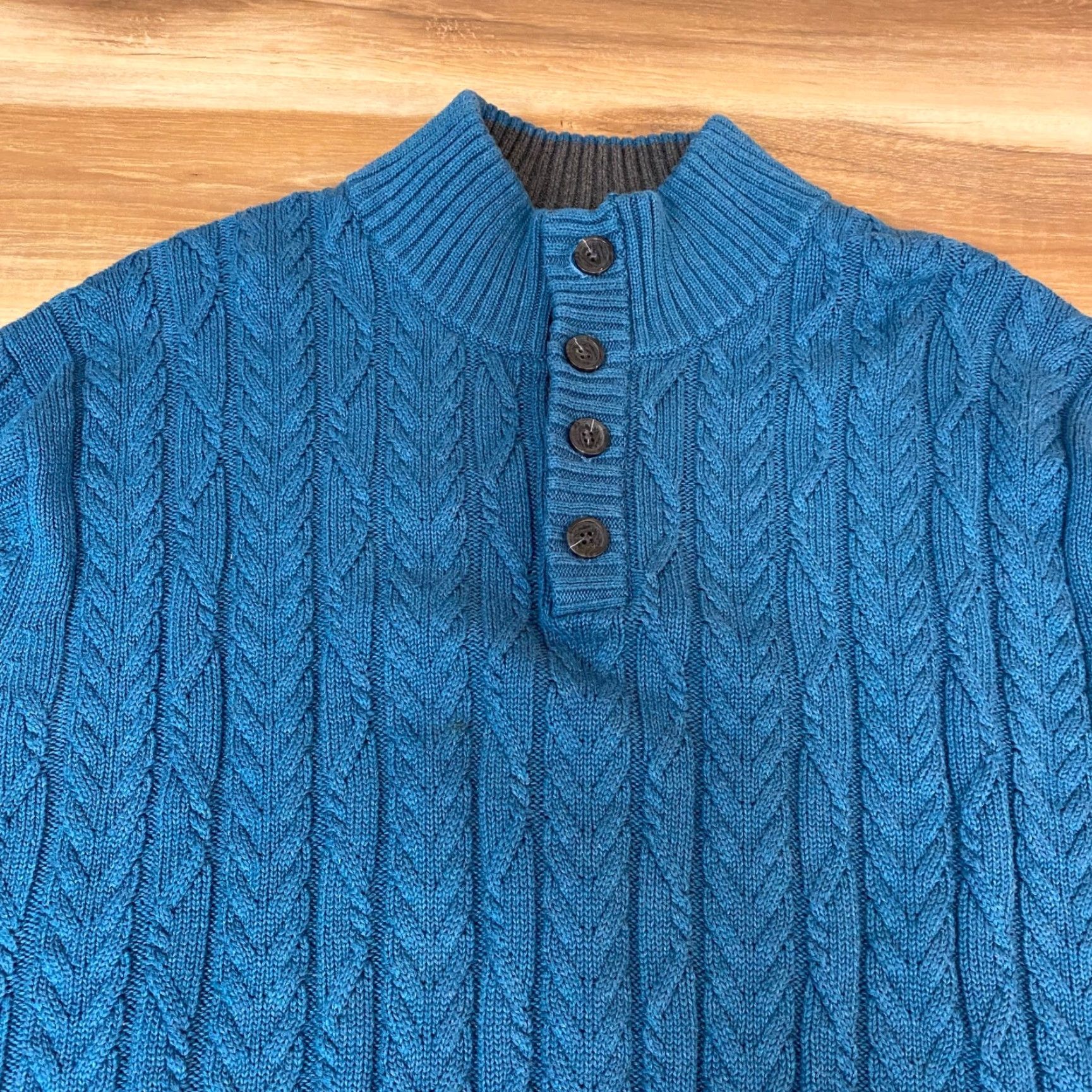 Jos. A. Bank Jos A Bank Sweater Mens Large Teal Blue Cable Knit Mock Neck 1/4 Button Size US L / EU 52-54 / 3 - 2 Thumbnail