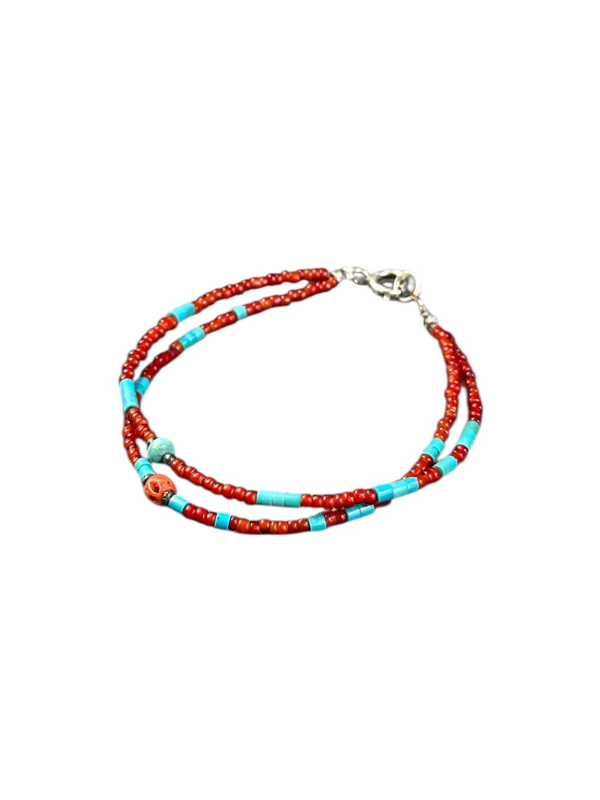 Vintage WHITE HEART BEADS WITH TURQUOISE HEISHI AND SILVER BRACELET Size ONE SIZE - 6 Thumbnail