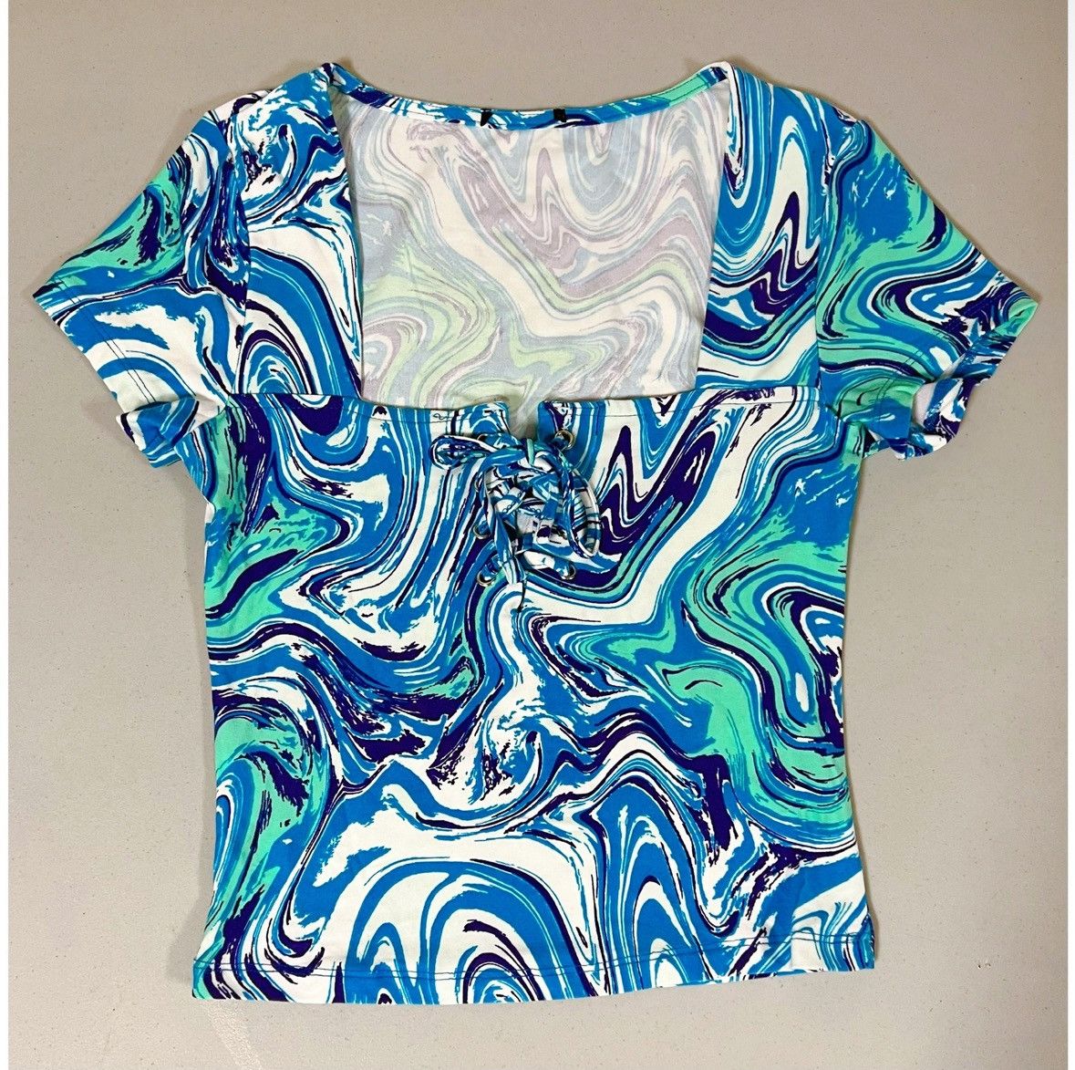 Japanese Brand Blue White Swirl Print Lace-Up Top Shirt Blouse Tee Size S🩵💙 Size S / US 4 / IT 40 - 2 Thumbnail
