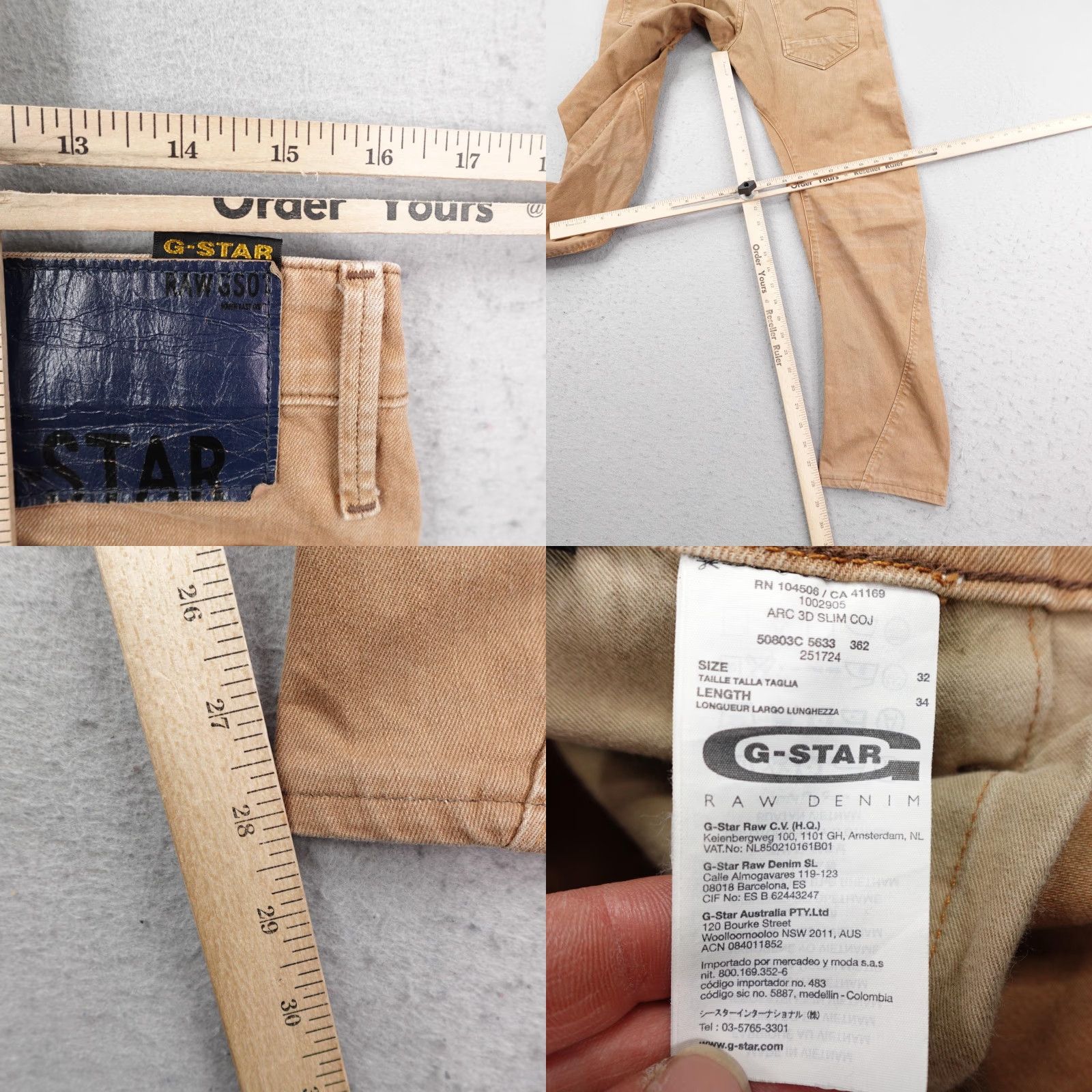 Vintage G Star RAW Jeans Mens 32x34 Beige Khaki Tan Denim Arc 3D Slim COJ Tapered Flex Slim Jeans Mens 32x34 Beige Denim Arc 3D Slim COJ Tapered Flex Size US 32 / EU 48 - 8 Thumbnail