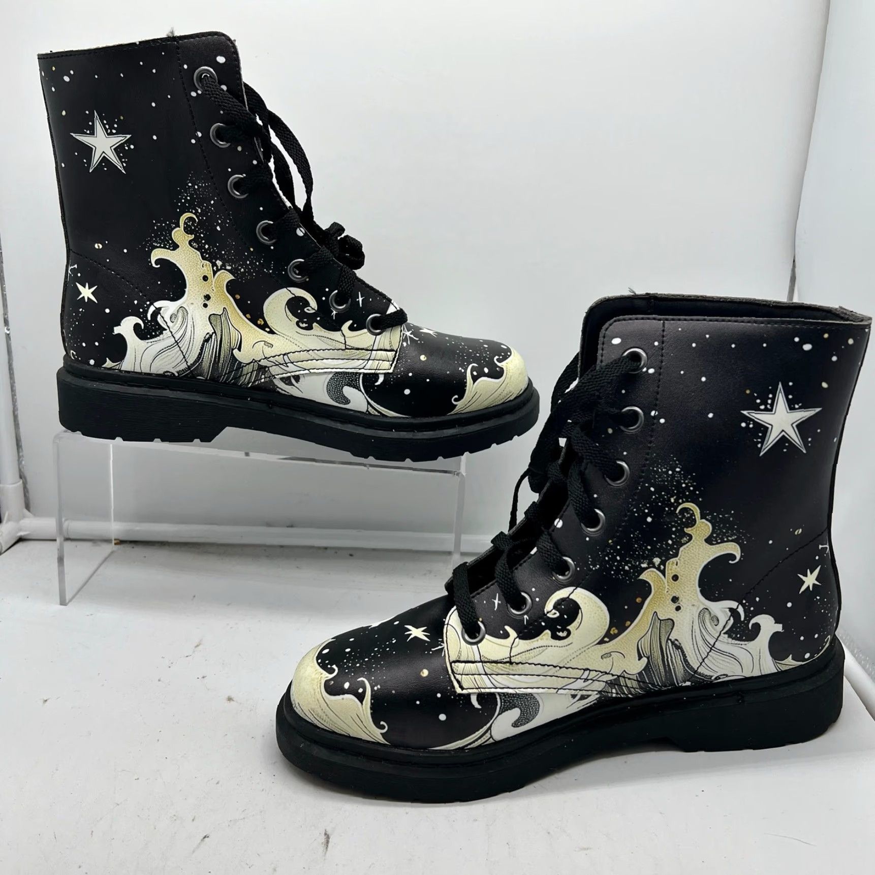 Vintage Rogue & Wolf Combat Boots 8.5 Lunar Tide Moon Stars Chunky Black Women US 8.5 Black Combat Boots Size US 9 / IT 39 - 2 Thumbnail