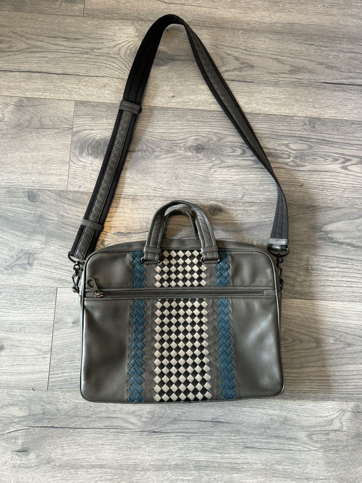 Bottega Veneta Intrecciato Leather Laptop Briefcase Bag in Grey & Teal Size ONE SIZE - 10 Thumbnail