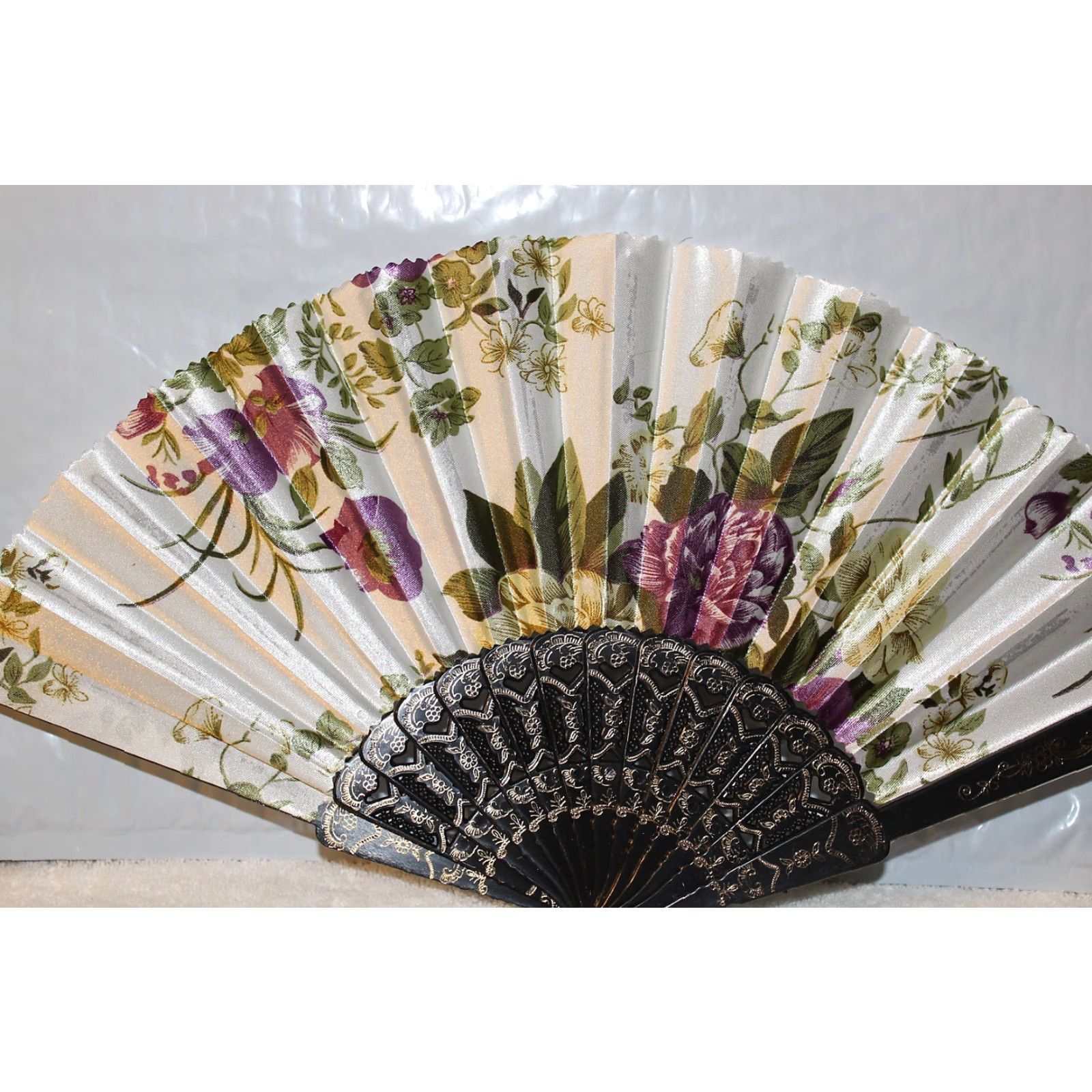 Vintage Vintage Hand Fan Small Flowers 16 Inch A4 Boho Decor Gift Girl Women Size ONE SIZE - 2 Thumbnail