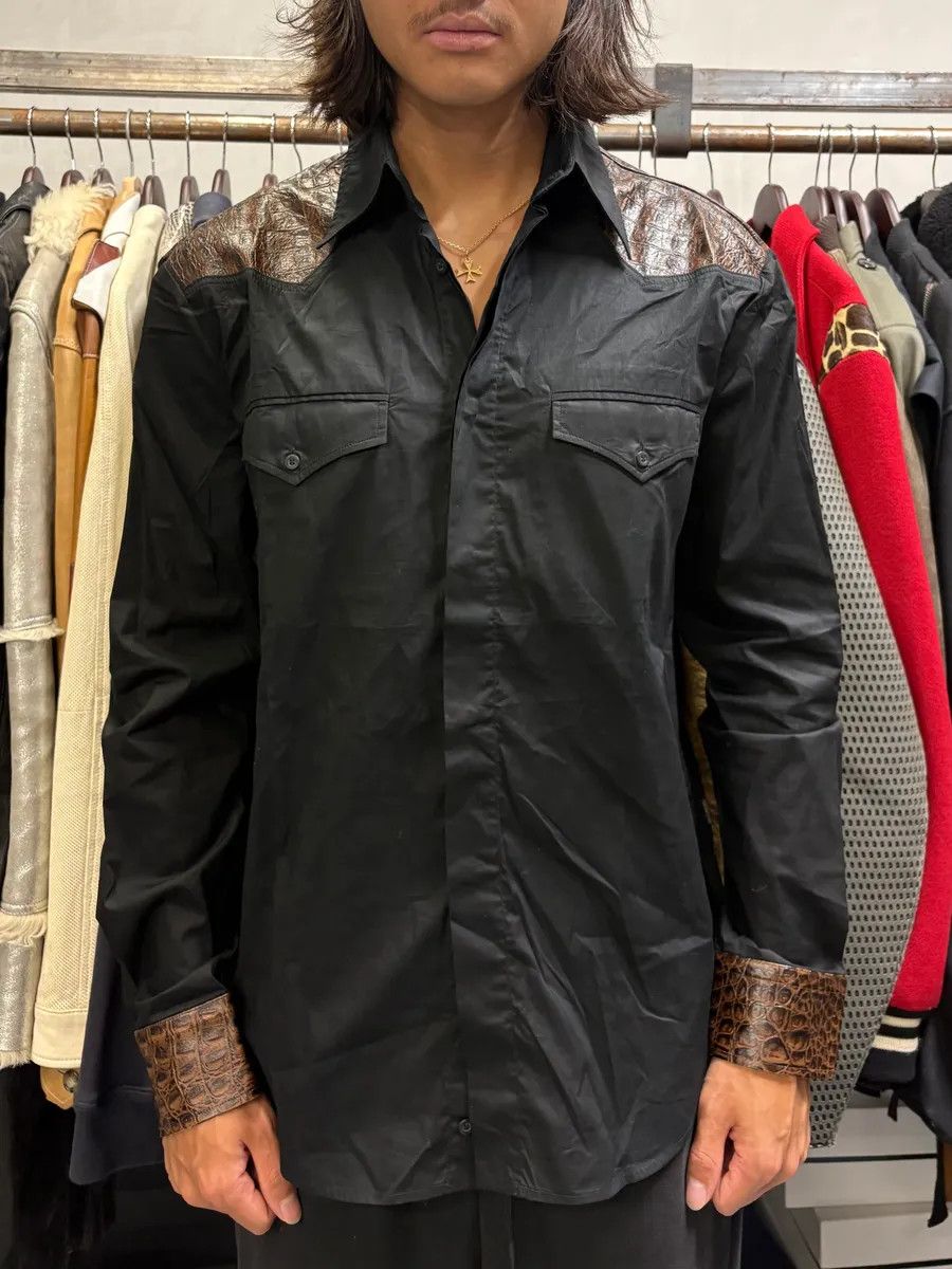 Just Cavalli 2000s Cavalli Black & Brown Crocodile Effect Embossed Leather Shirt Size US L / EU 52-54 / 3 - 2 Thumbnail