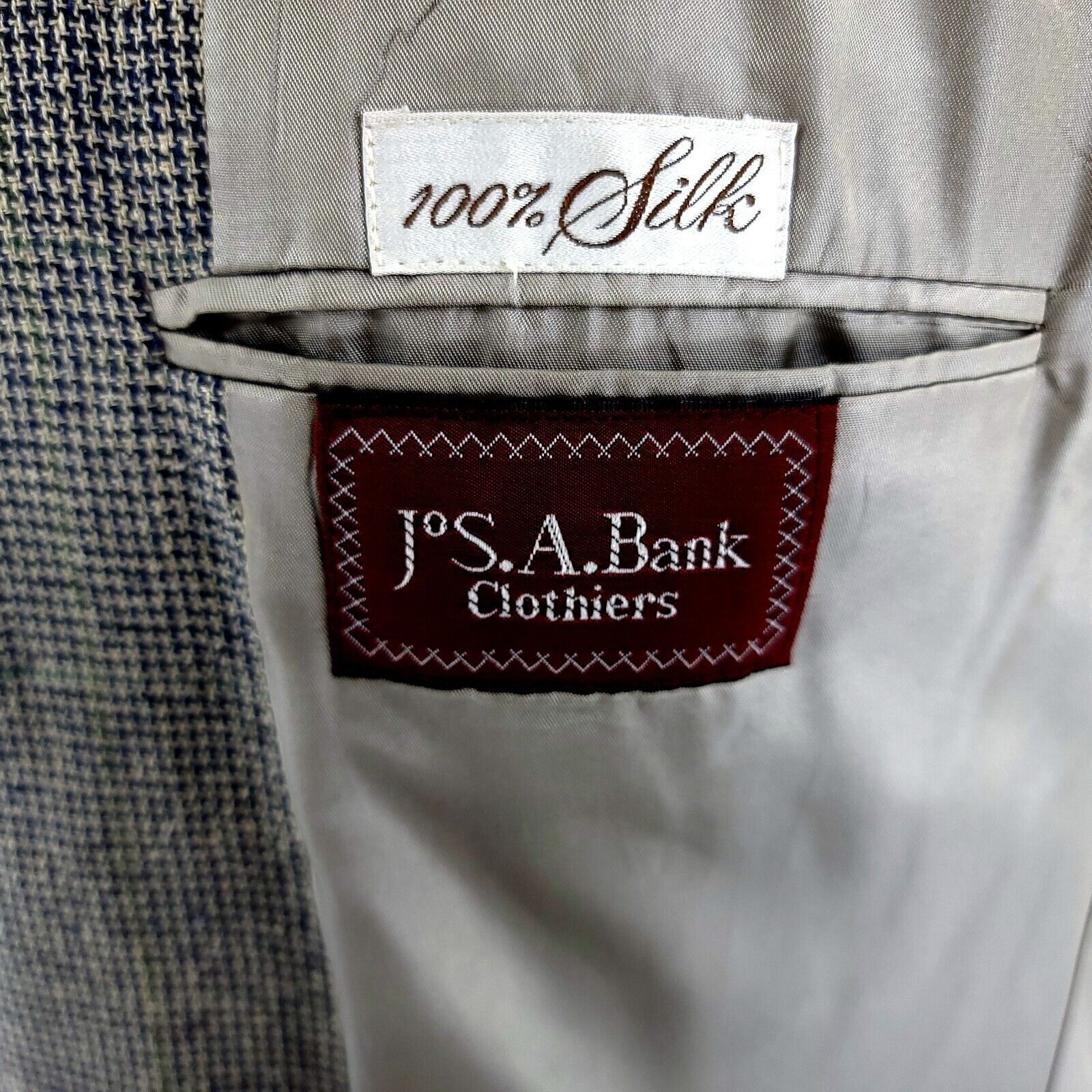 Jos. A. Bank Jos A Bank 100% Silk 2 Button Sport Coat Blue Tan Check W/ G Size 42R - 7 Thumbnail