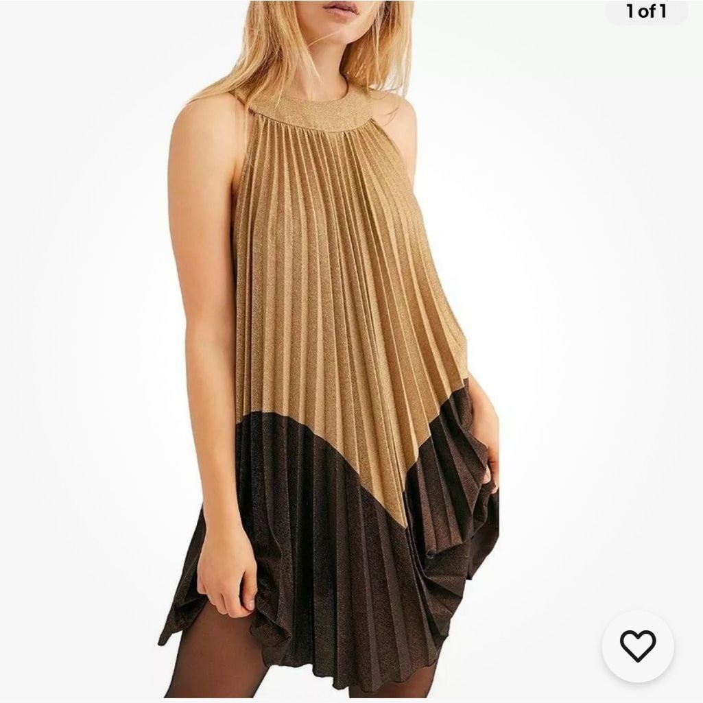 Free People Free People Pleated Love Trapeze Mini Dress Metallic Gold Br Size XS / US 0-2 / IT 36-38 - 1 Thumbnail