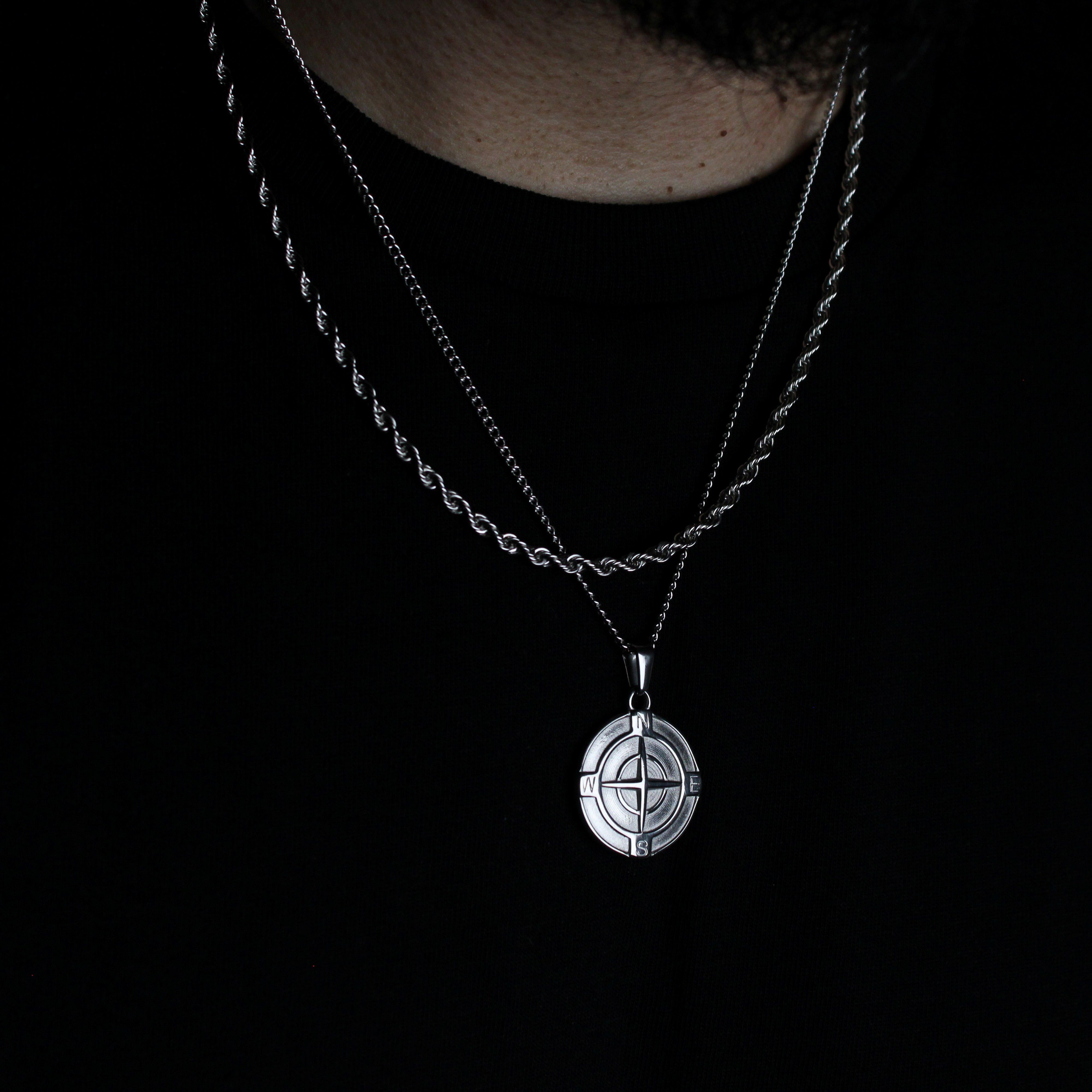 Jewelry Silver Compass Pendant Necklace & 3mm Rope Chain Set Size ONE SIZE - 2 Thumbnail
