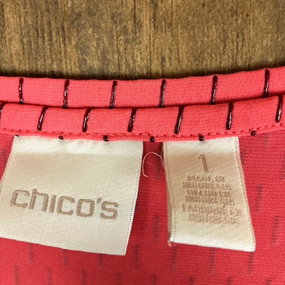 Vintage Chicos Women Blouse Coral Gold Beaded Short Sleeve Round Neck Stretch 1 (M) Size M / US 6-8 / IT 42-44 - 6 Thumbnail