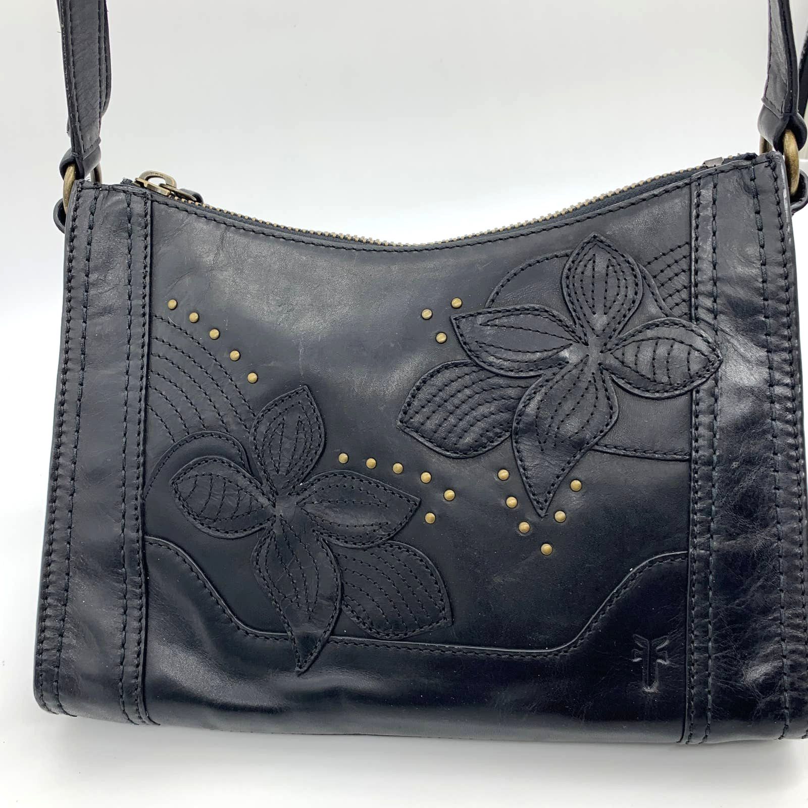 image of Frye Leather Handbags Studded Floral Zip Crossbody Black, Women's