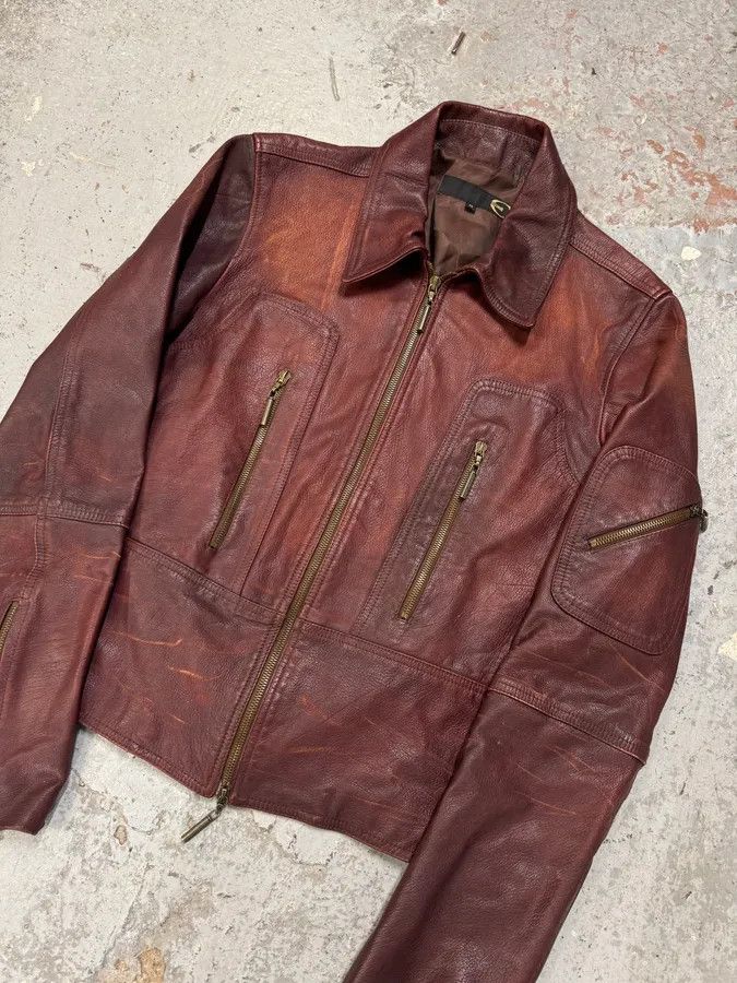 Just Cavalli 2000s Cavalli Fight Club Burgundy Faded Leather Jacket Size US M / EU 48-50 / 2 - 4 Thumbnail