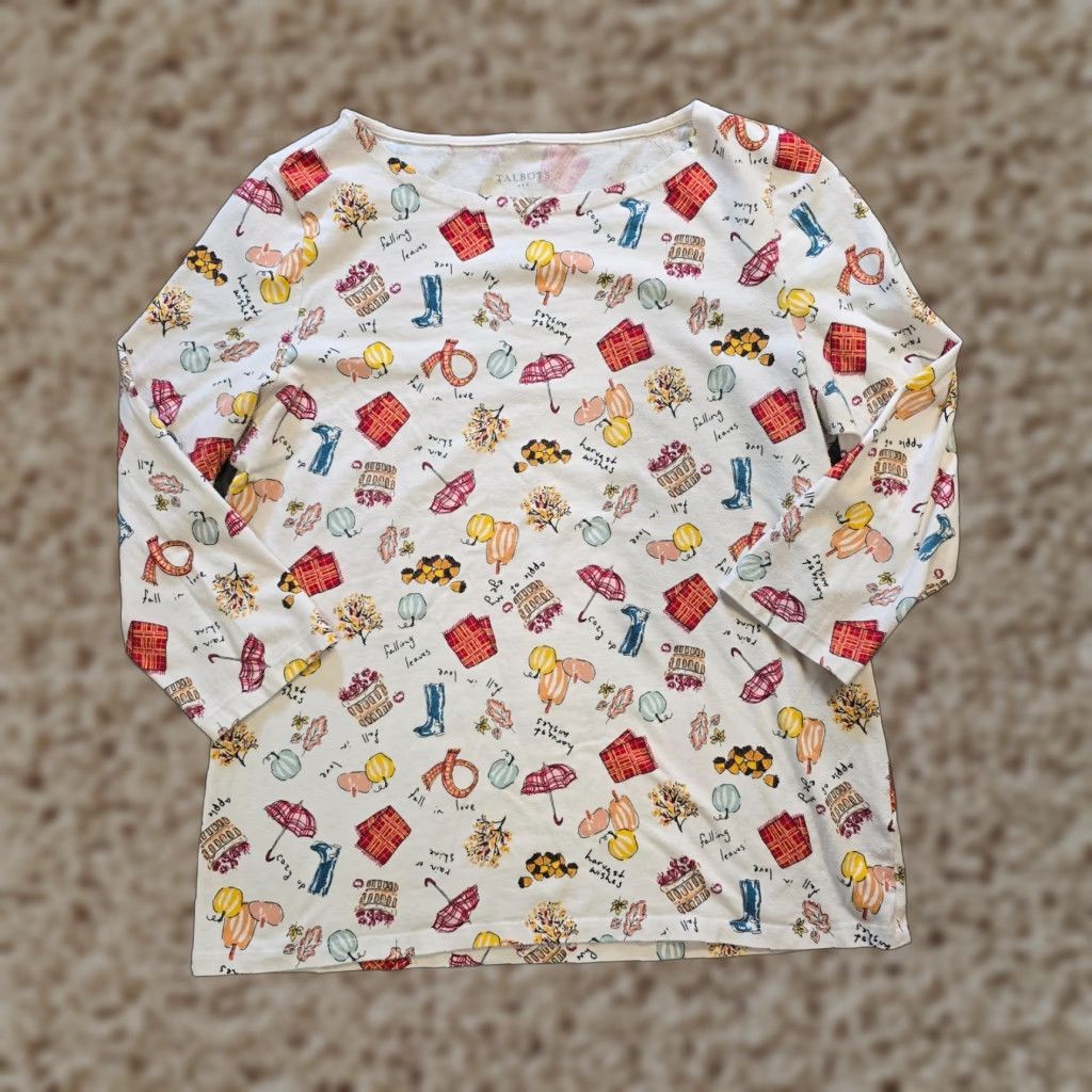 Talbots Talbots Top Womens Large White Pumpkins Fall Boat Neck 3/4 Sleeve Stretch Casual Shirt Ladies L White Pumpkin Geometric Knit Cotton Vintage: No Size L / US 10 / IT 46 - 1 Thumbnail