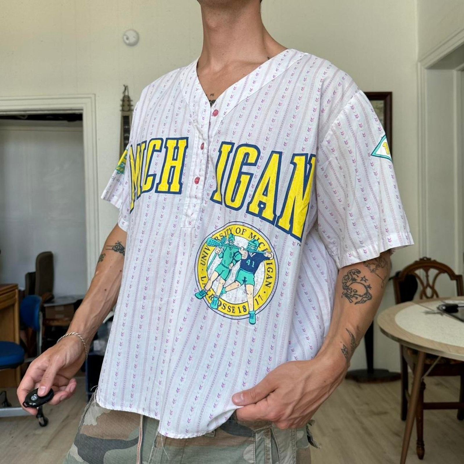 Vintage Rare Vintage 80s UofM Michigan Lacrosse Stripped Top Jersey Size US L / EU 52-54 / 3 - 1 Thumbnail