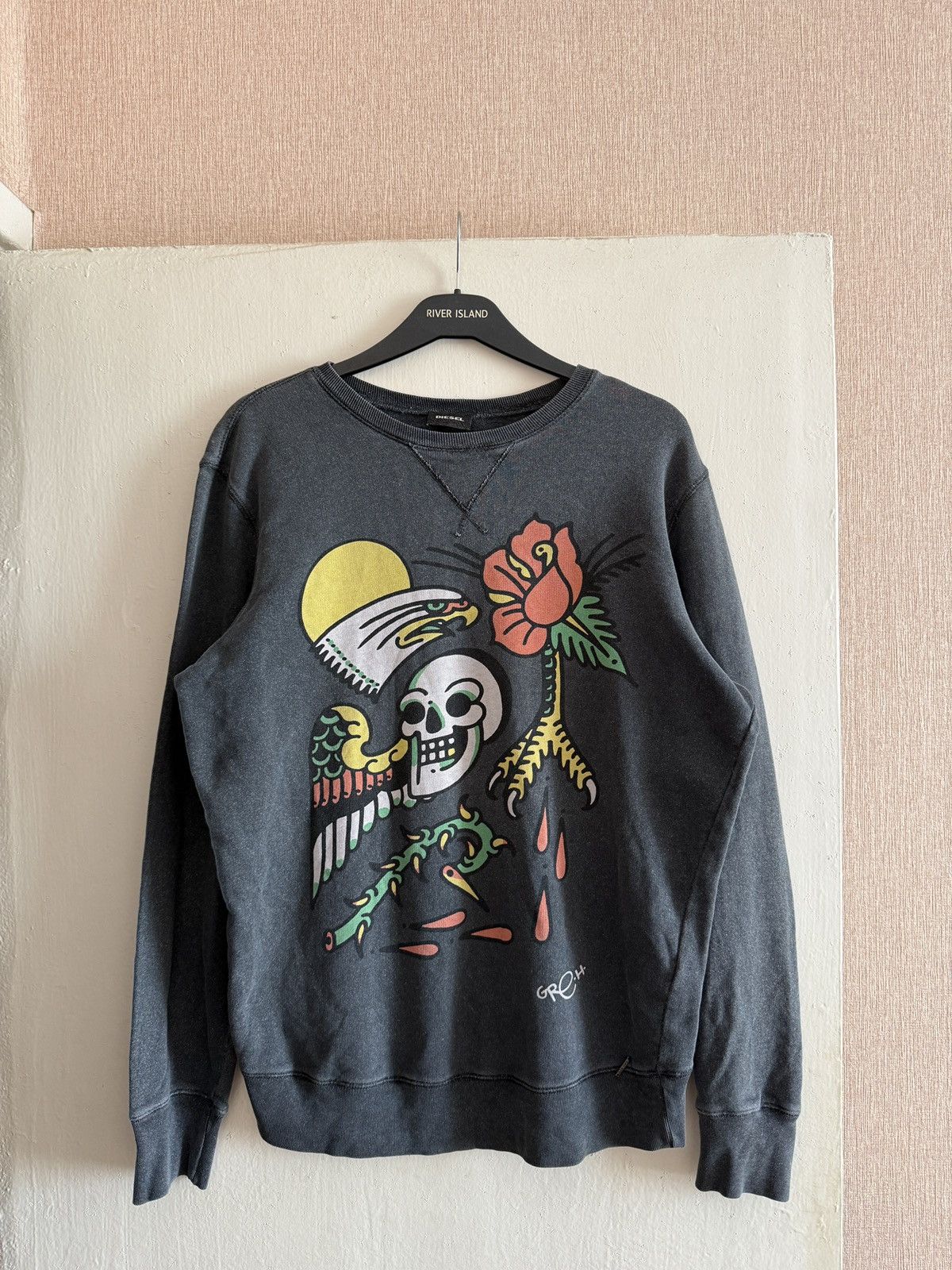 Diesel Vintage Diesel Crewneck Skull Eagle Rose Graphic Washed Size US S / EU 44-46 / 1 - 1 Thumbnail