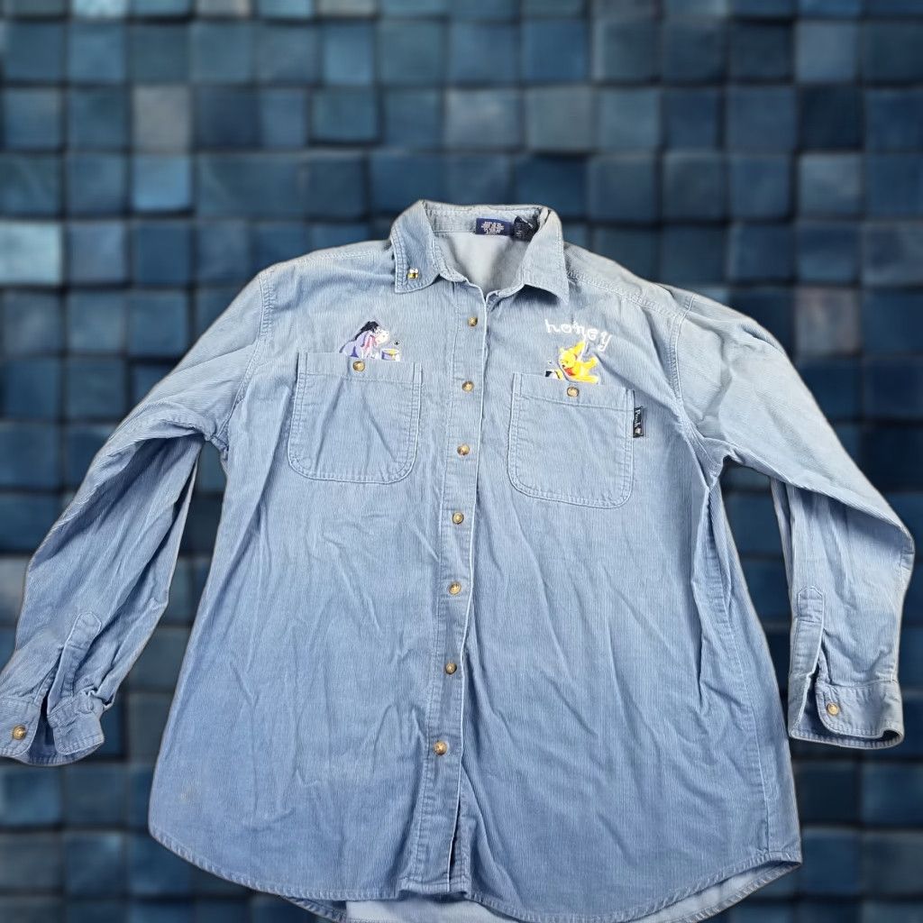 Disney VINTAGE Winnie the Pooh Eeyore Button-Up Shirt Corduroy Long Sleeve Adult Large Blue 90s Unisex Size L / US 10 / IT 46 - 1 Thumbnail