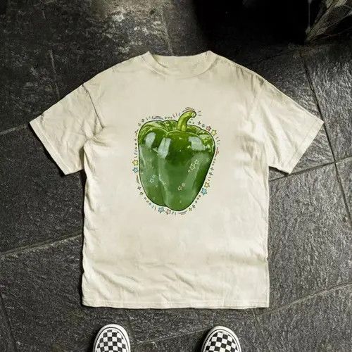 VIBE Beige casual washed retro green pepper print cotton t-shirt Size US L / EU 52-54 / 3 - 3 Thumbnail