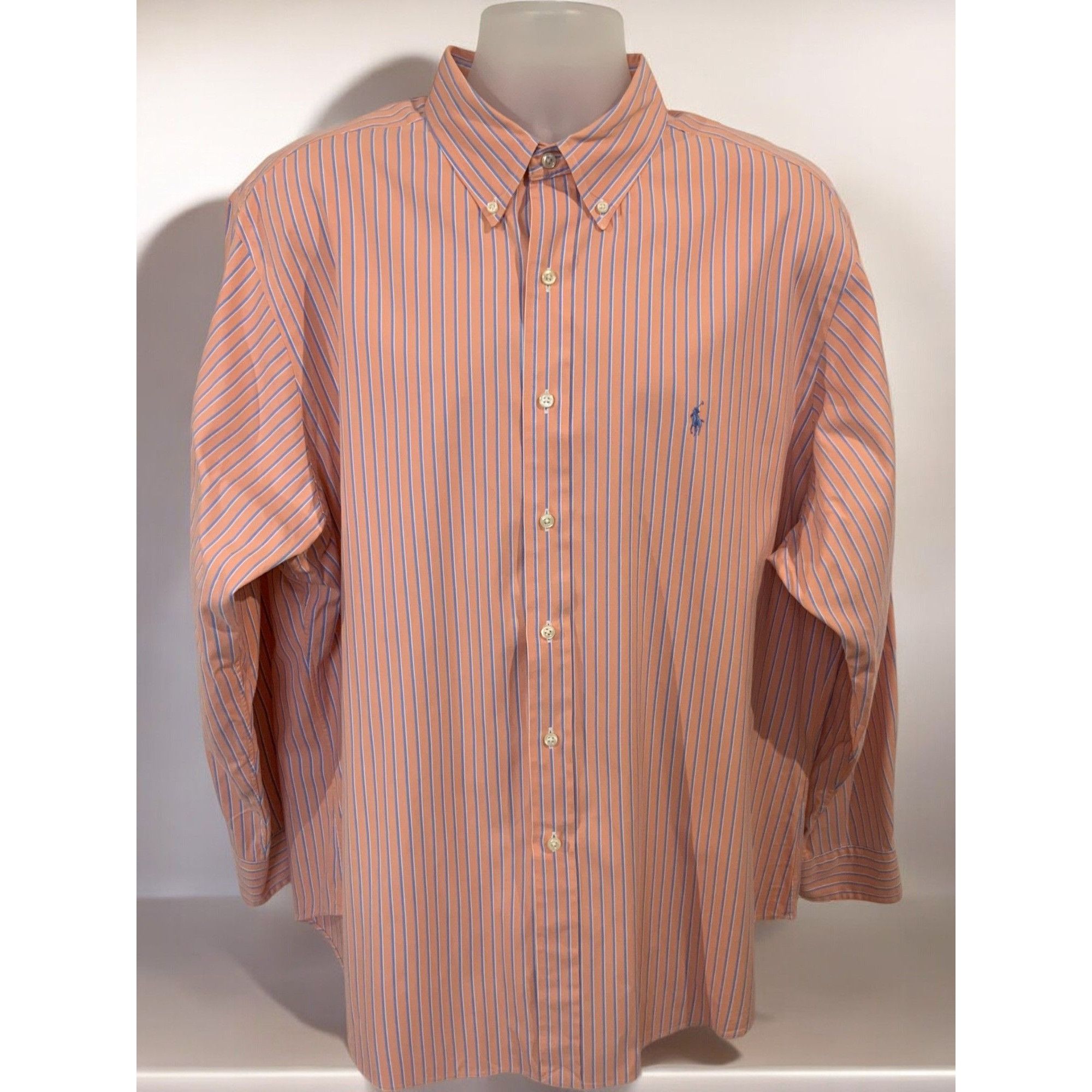 Polo Ralph Lauren Ralph Lauren Mens Classic Fit Coral Blue Striped Shirt XL Size US XL / EU 56 / 4 - 8 Thumbnail