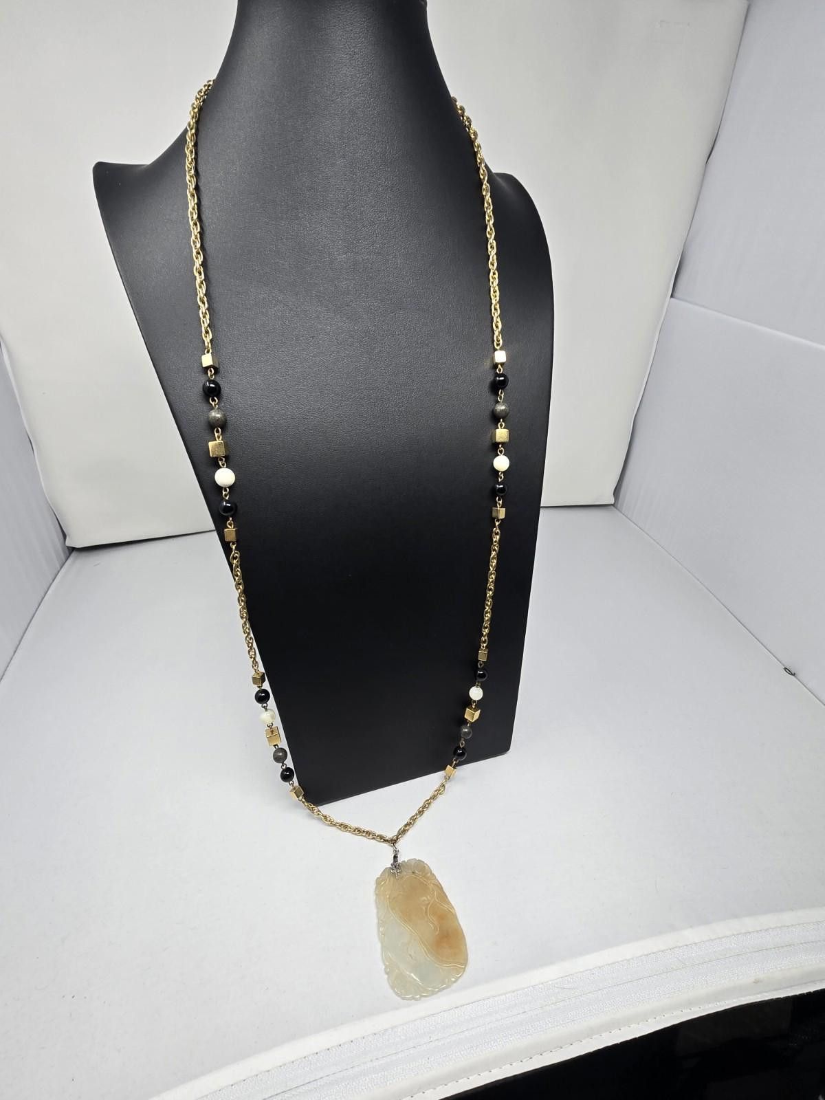 Monet SIGNED MONET 38" Vintage Jadeite Carved Gold Tone Necklace Size ONE SIZE - 2 Thumbnail