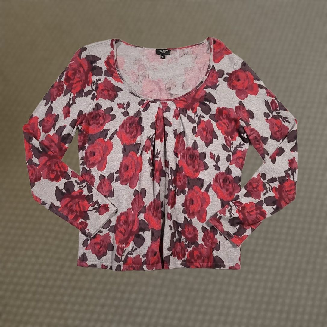 Talbots VINTAGE Talbots Shirt Women PL Petite Large Gray Floral Scoop Neck Long Sleeve Size L / US 10 / IT 46 - 1 Thumbnail