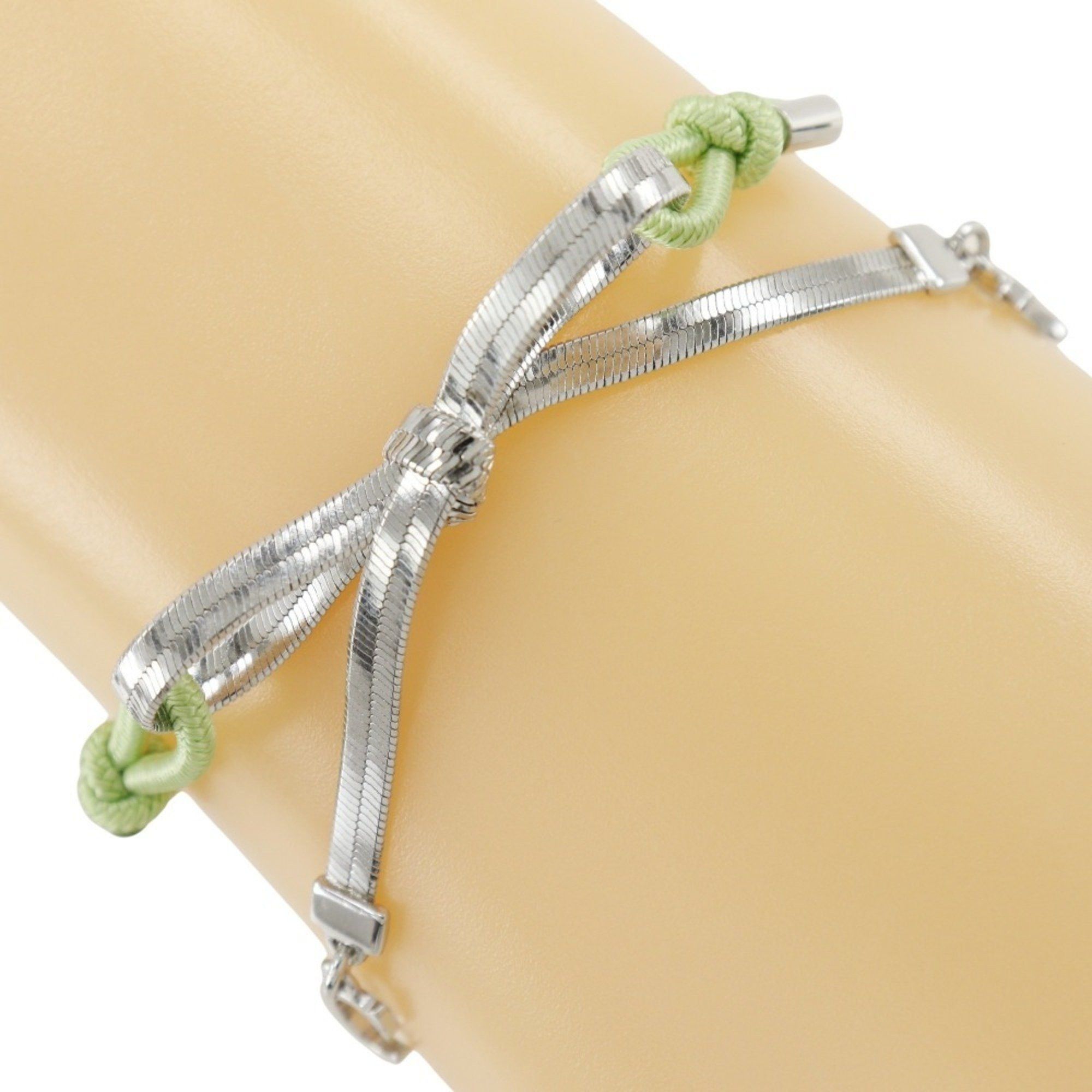 Dior Christian Dior Dior CD Ribbon Bracelet, Metal and Rubber, Silver/Yellow-Green Ribbon, Approx. 4.6g, Women's Size ONE SIZE - 1 Thumbnail