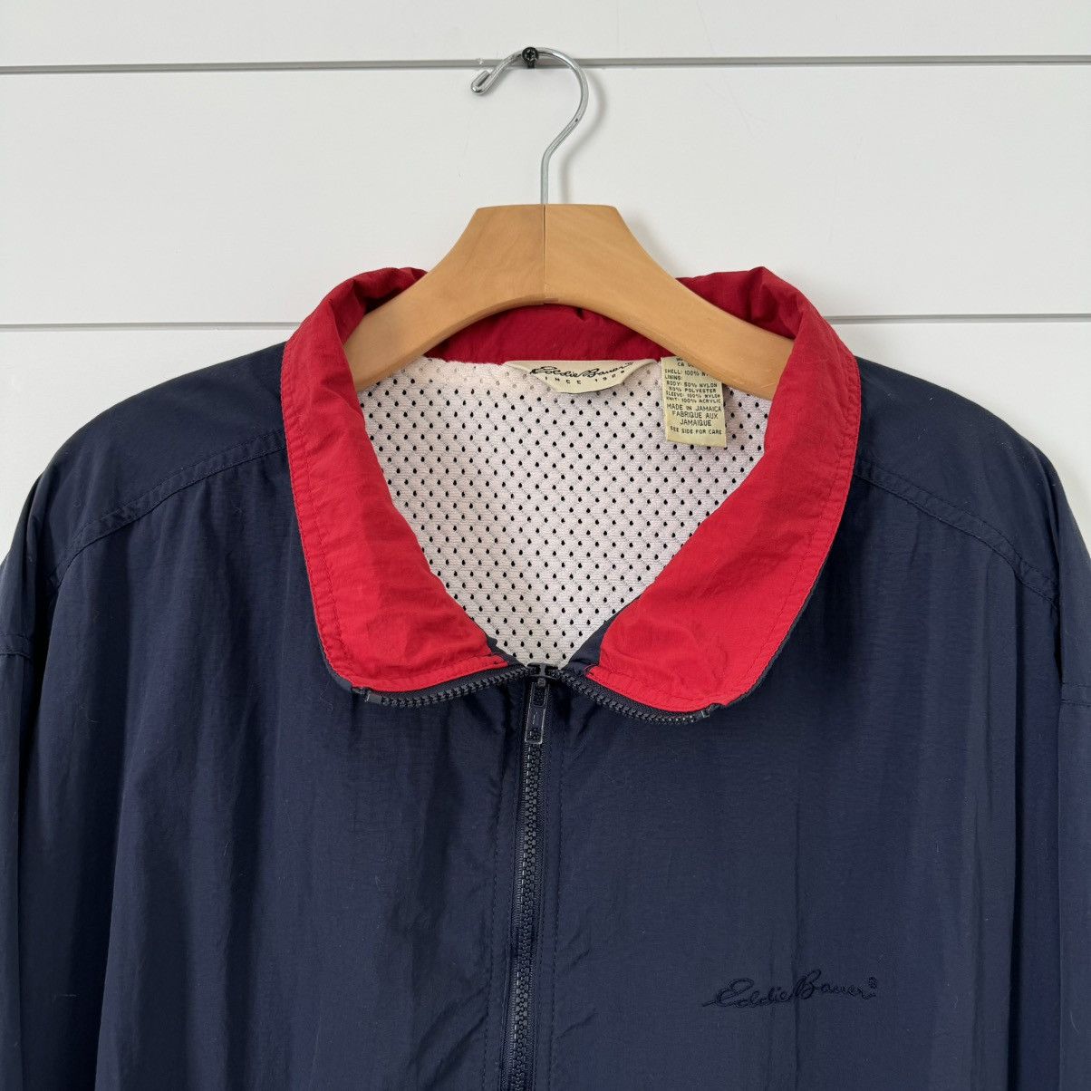 Eddie Bauer × Vintage VTG 90s Eddie Bauer Navy Jacket Embroidered Spellout | 2XL Size US XXL / EU 58 / 5 - 2 Thumbnail
