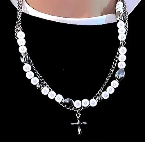 Vintage Punk Hippie Crucifix Cross Patchwork Pearl Layer Necklace Size ONE SIZE - 2 Thumbnail