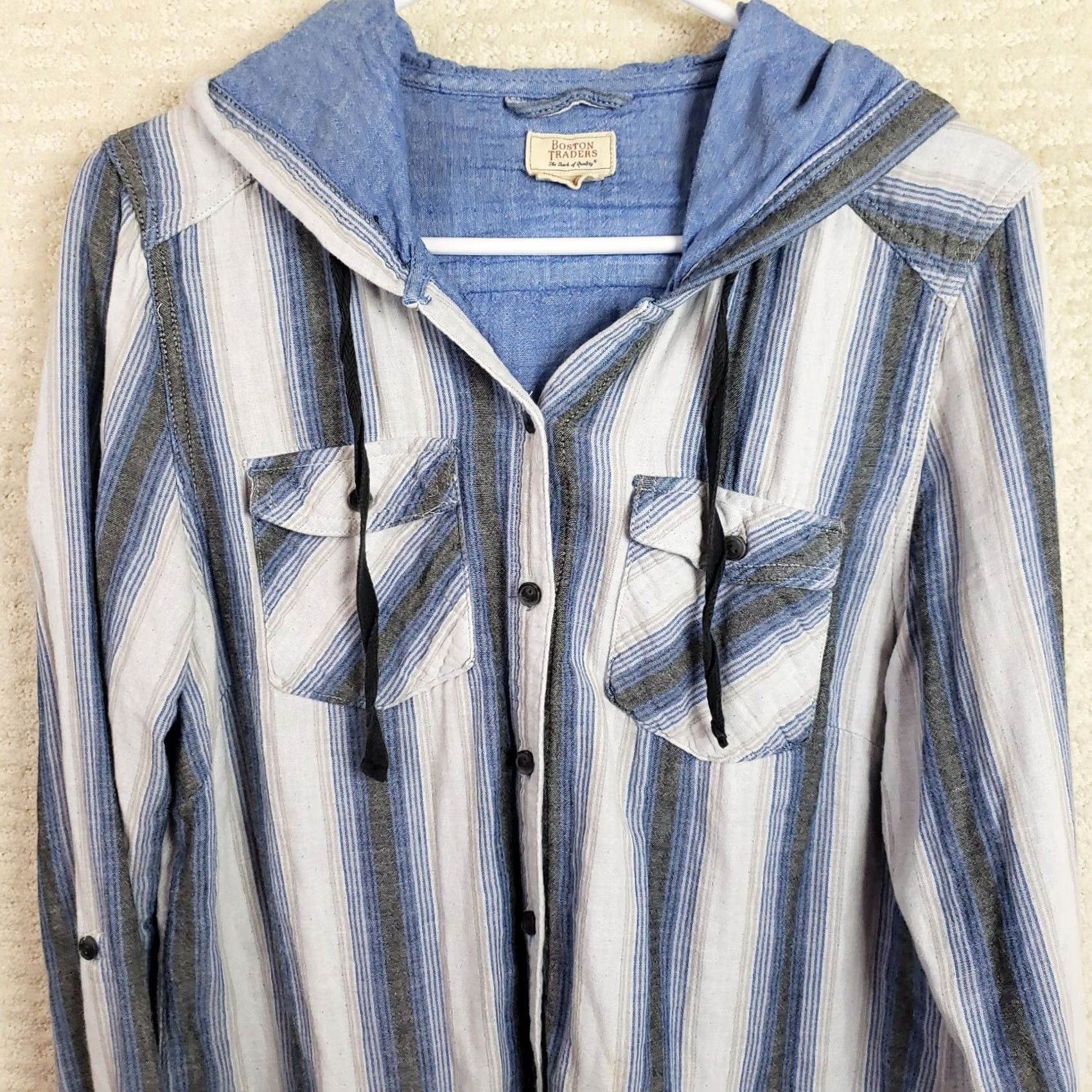 Vintage Boston Traders Flannel Pullover Shirt Women's L Blue Hooded Striped Long Sleeve Size L / US 10 / IT 46 - 2 Thumbnail