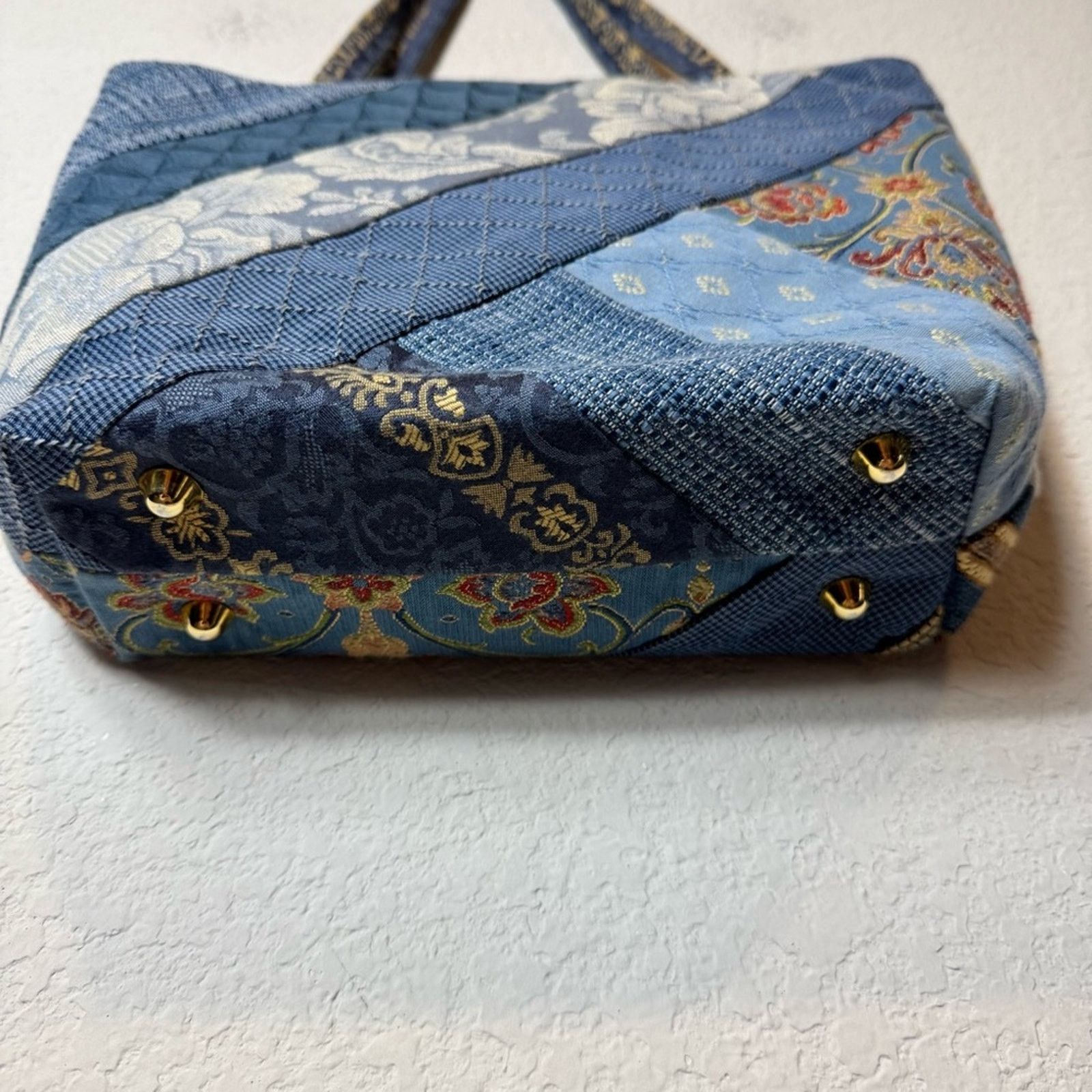 Handmade Handcrafted Blue Quilted Tote Purse Patchwork Footed Pockets Size ONE SIZE - 2 Thumbnail