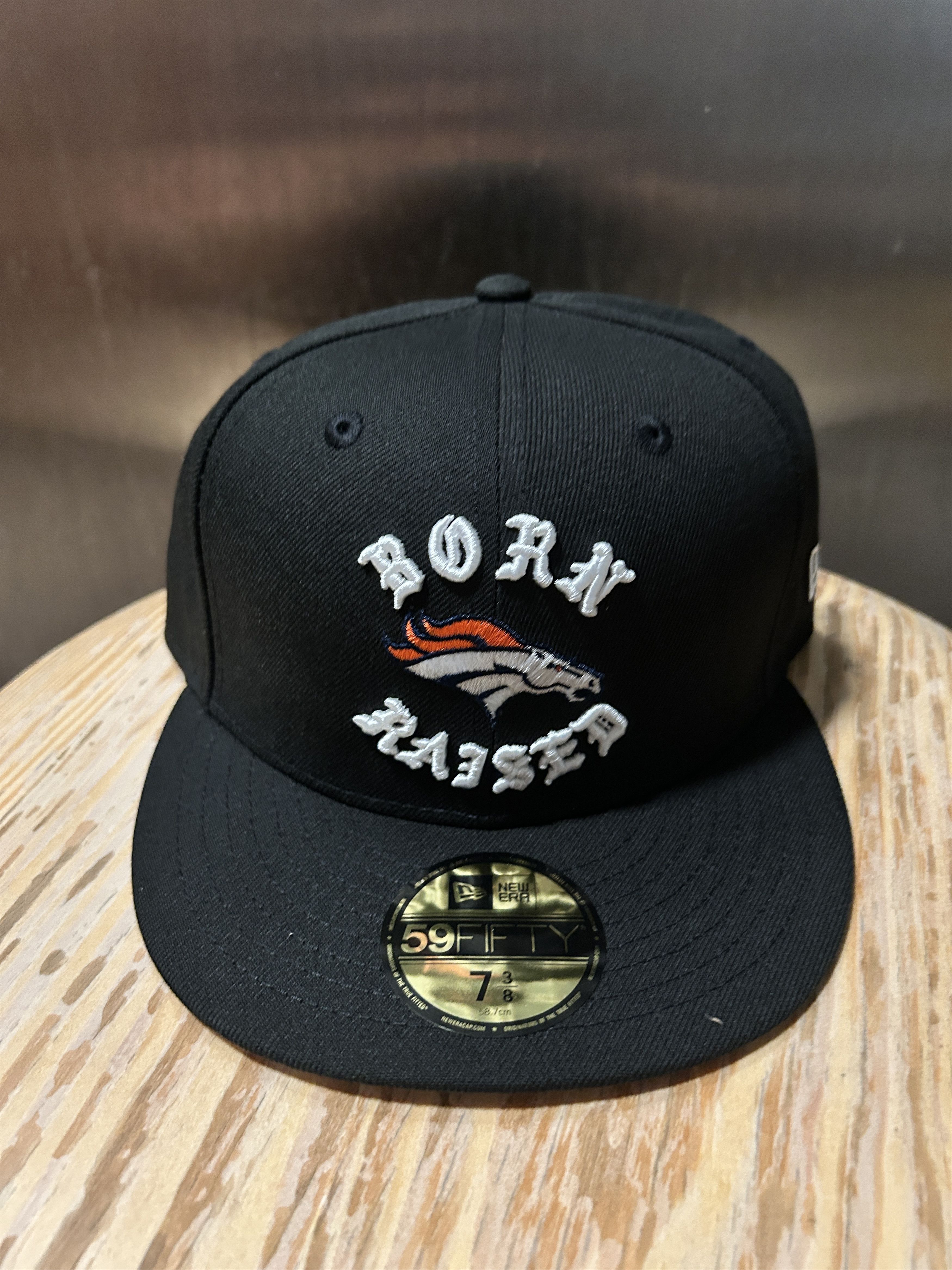 (7 3/8) BORN X RAISED + BRONCOS FITTED ROCKER HAT: