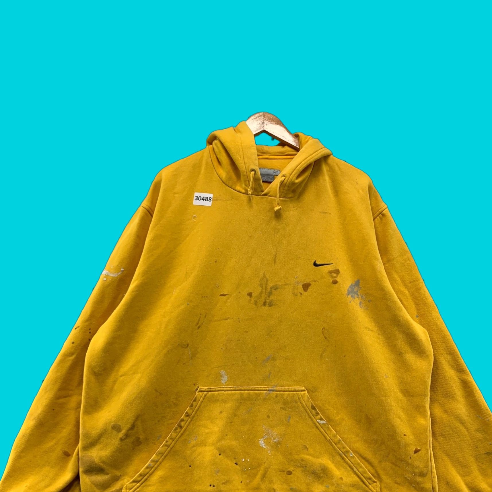 Nike VINTAGE Nike Hoodie Mens XL Yellow Swoosh Distressed Paint 27x28.5 Pullover Sweatshirt Size US XL / EU 56 / 4 - 1 Thumbnail