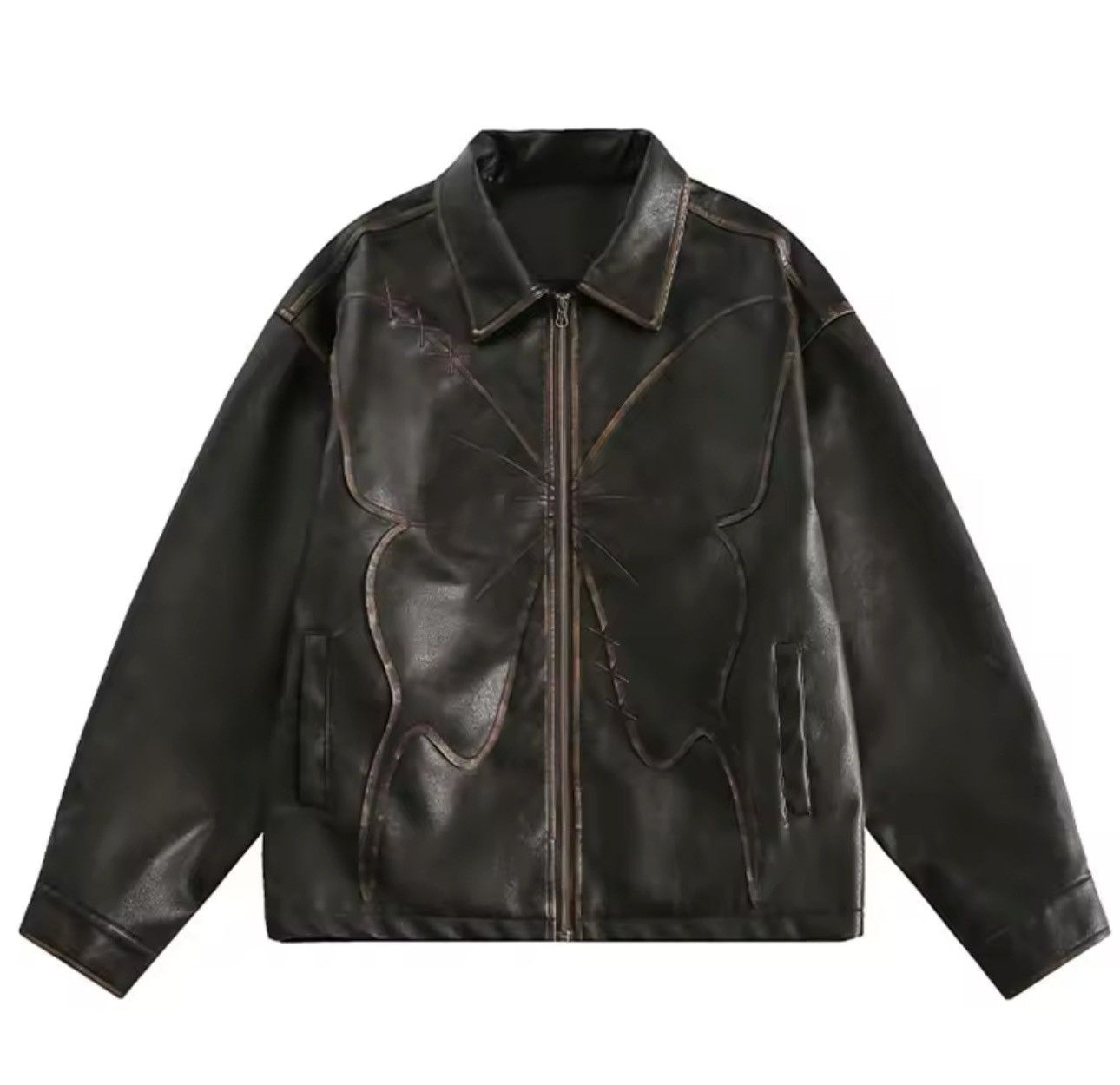 Streetwear Retro Patchwork Distressed PU Leather Jacket