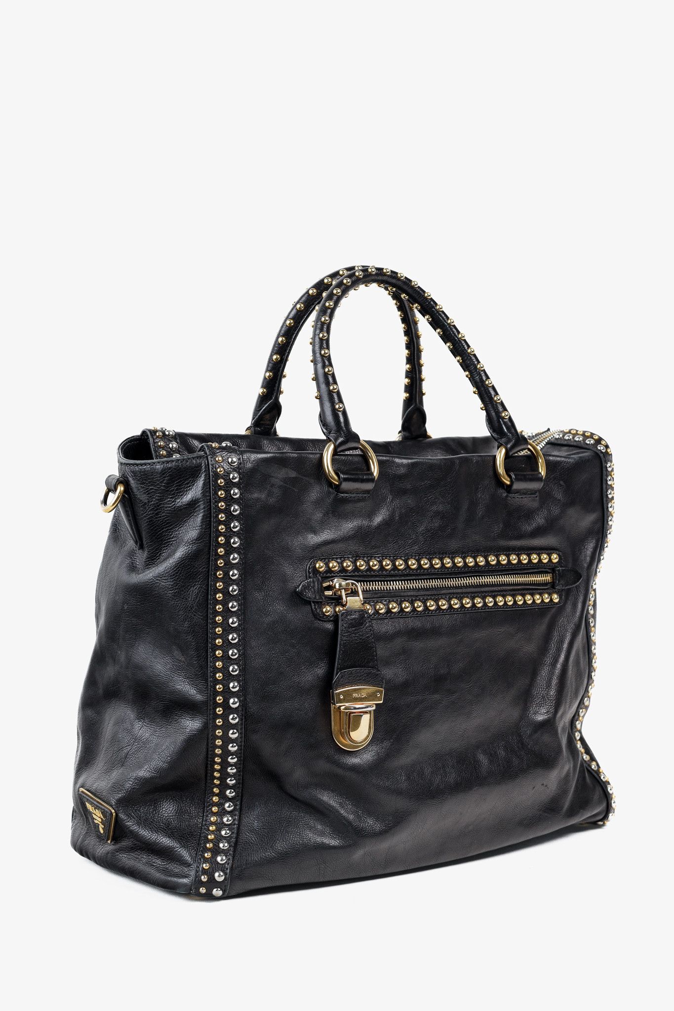 Prada Prada Craquele Nero Glace Calf Leather Studded Shopper Tote Size ONE SIZE - 2 Thumbnail